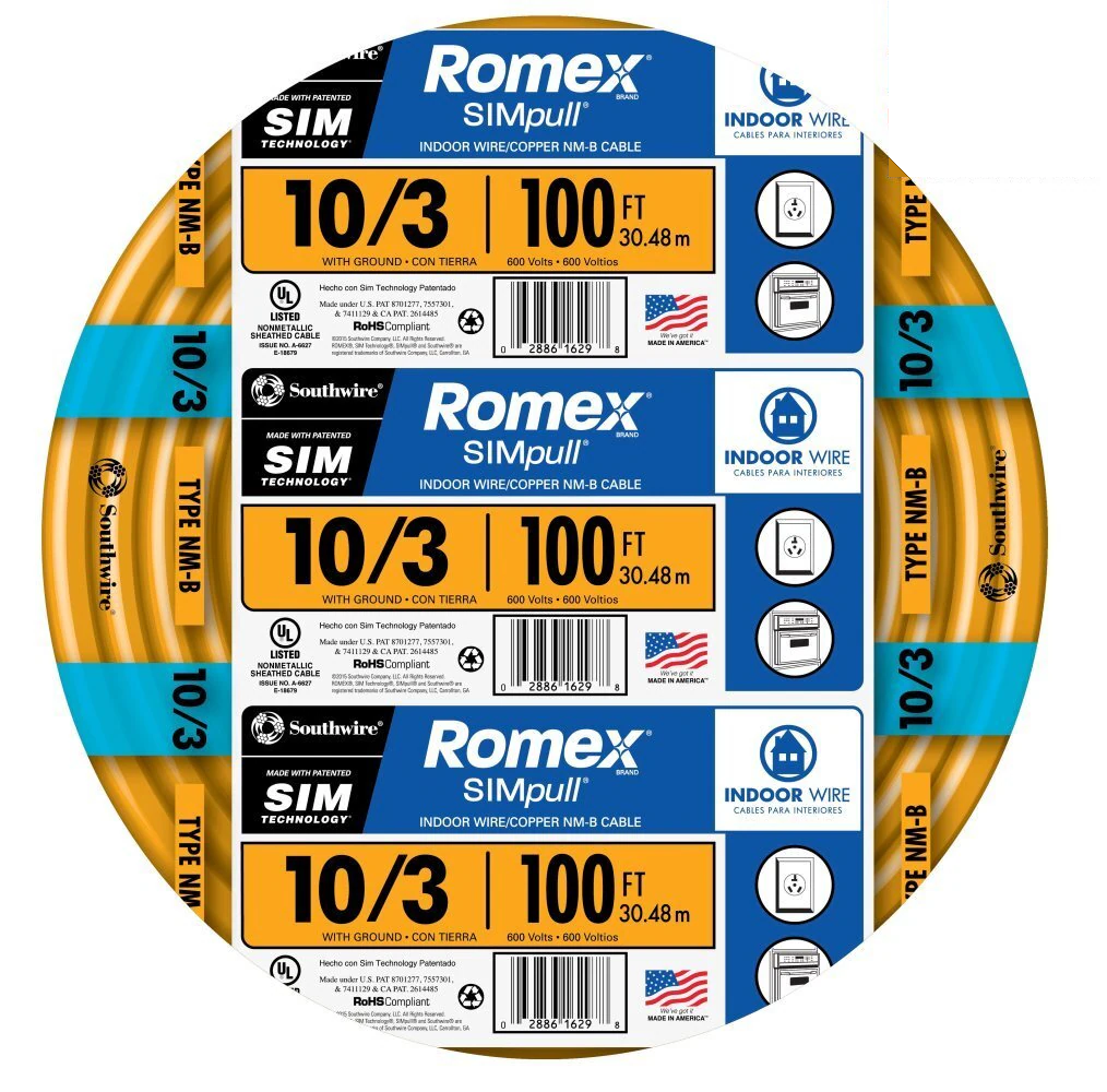 Southwire 100-ft 10/3 Romex SIMpull Solid Indoor CU NM-B W/G Individual Pack (By-the-roll) 63948426