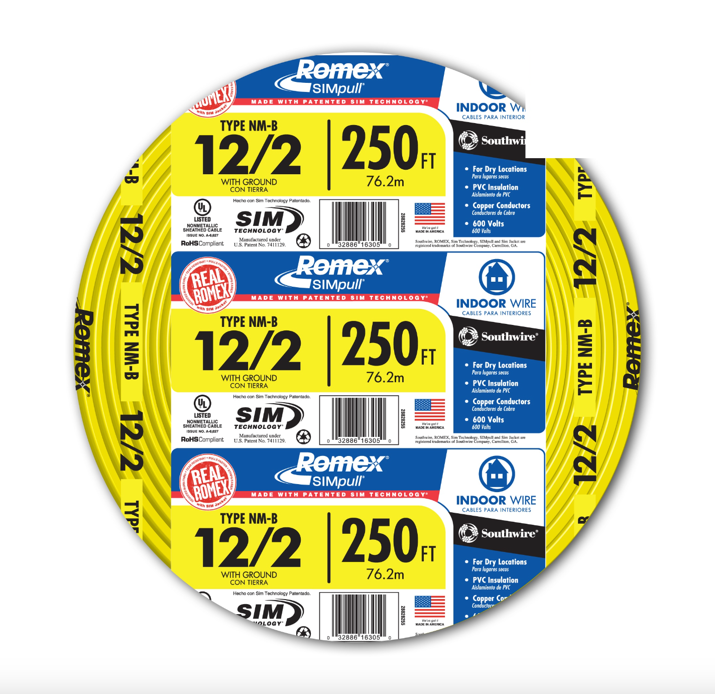 Southwire 250-ft 12/2 Romex SIMpull Solid Indoor CU NM-B W/G Individual Pack (By-the-roll) 28828269