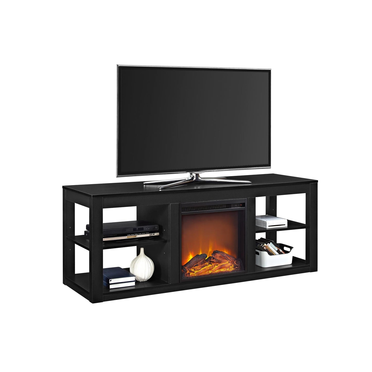 Ameriwood Home 59-in W Black TV Stand with Fan-forced Electric Fireplace 1816196COM
