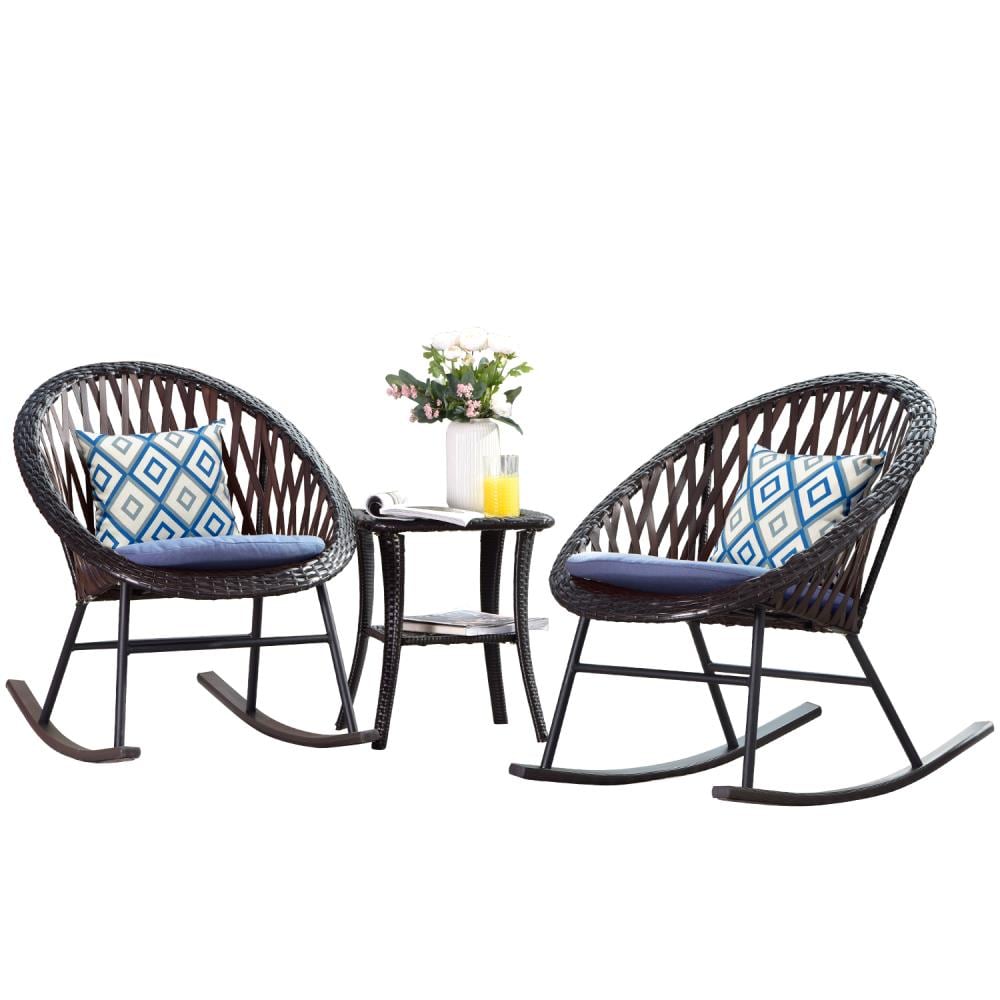 Ovios Set of 2 Wicker Brown Steel Frame Rocking Chair with Blue Cushioned Seat