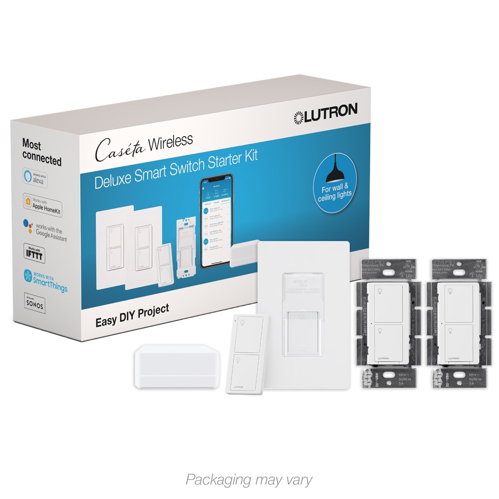 Lutron Caseta Smart Lighting 5-amp Single-pole/3-way Smart Tap Master Light Switch with Wall Plate, White P-BDG-PKG2WS-WH