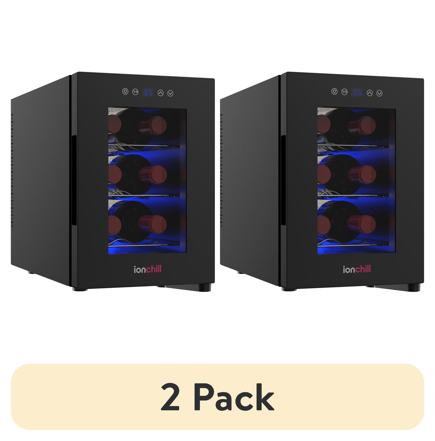 (2 pack) Ionchill 6-Bottle Wine Cooler, New Standard Door Mini Fridge with Wine Rack and Temp. Control, 9.75in