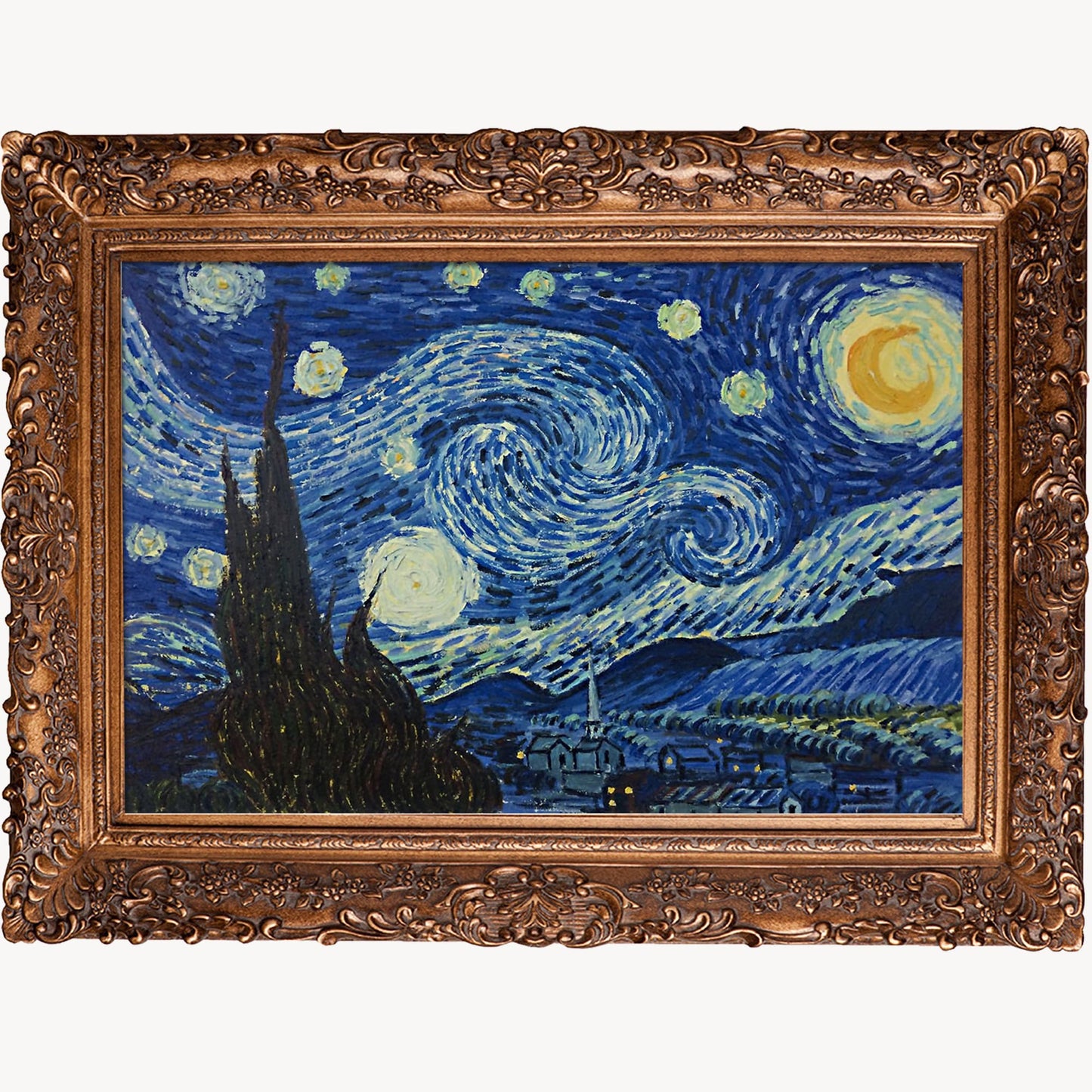 La Pastiche Starry Night Vincent Van Gogh Gold Wood Framed 33.5-Inches H x 45.5-Inches W Landscape Canvas Hand-Painted Painting