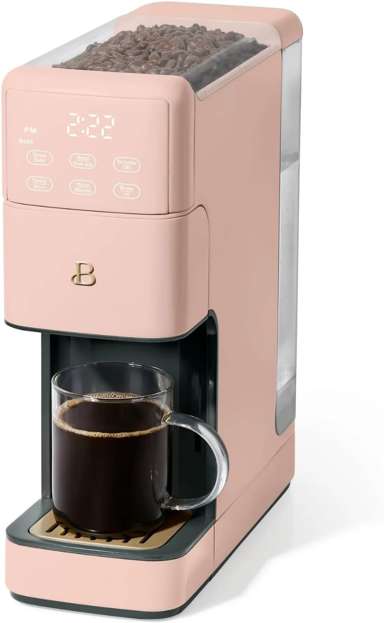 Beautiful Perfect Grind Programmable Single Serve Coffee Maker with Touch-activated Display, Programmable and Integrated Burr Grinder, 64oz Water Reservoir (Rose)