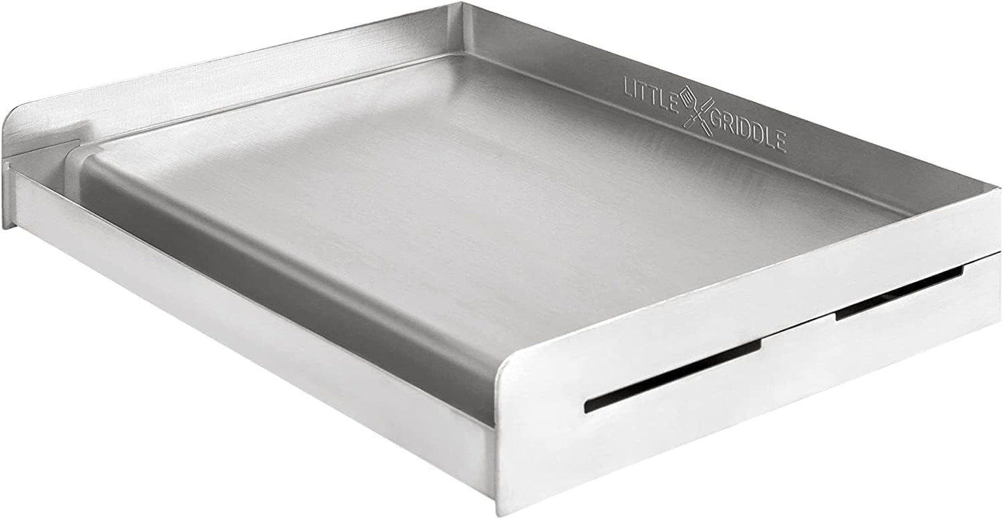 LITTLE GRIDDLE Sizzle-Q SQ180 100% Stainless Steel Universal Griddle with Even Heating Cross Bracing for Charcoal\/Gas Grills, Camping, Tailgating, and Parties (18"x13"x3")