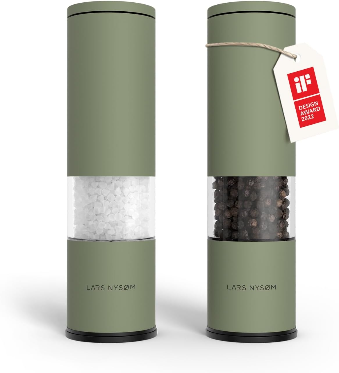 LARS NYSØM Salt and Pepper Grinder Set 2 pieces I Salt Pepper Mill with Adjustable Ceramic Grinder I Design Spice Grinder Set Manual (Sage Green)