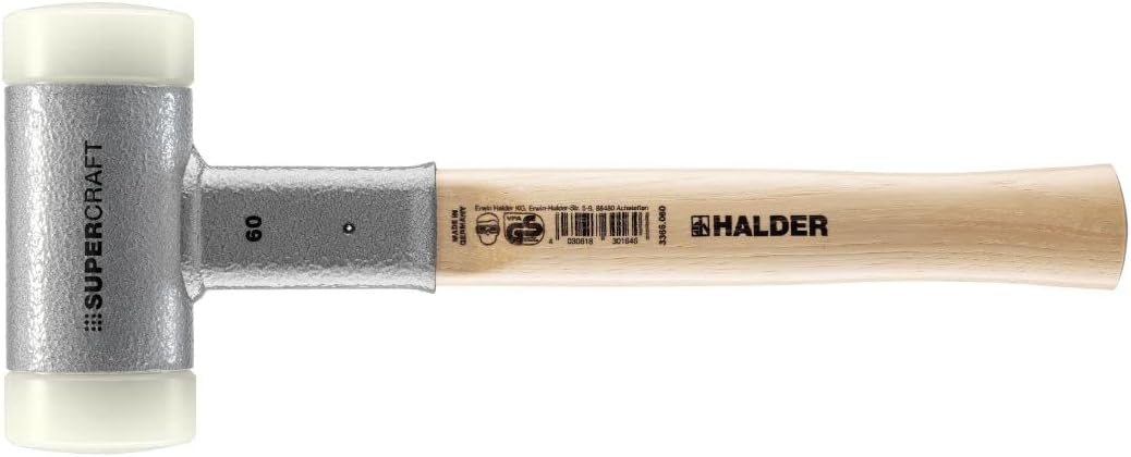 Halder SuperCraft Dead Blow Mallet 3366.060 - Non-Rebounding Mallet, Hard Nylon Inserts, Hickory Wood Handle with Overstrike Protector, 60mm, 3.8 lbs.