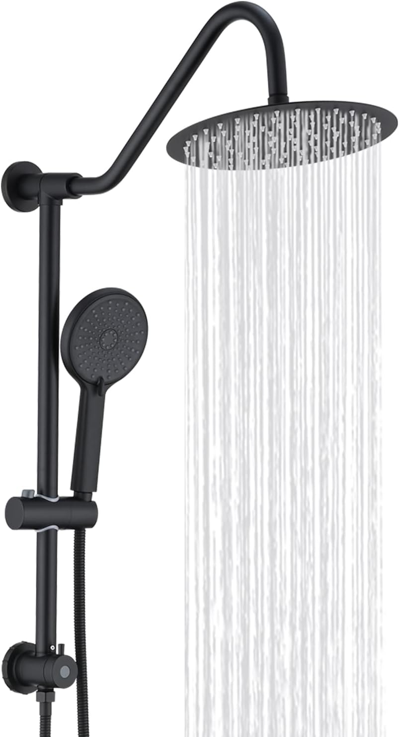 UCLIMAA 10 Inch Rain Shower Head with Handheld System, 24" Drill-free Slider Bar with Low 3-Way Diverter for Easy Reach, 4 Setting Handheld Spray with 5Ft Stainless Steel Hose - Matte Black