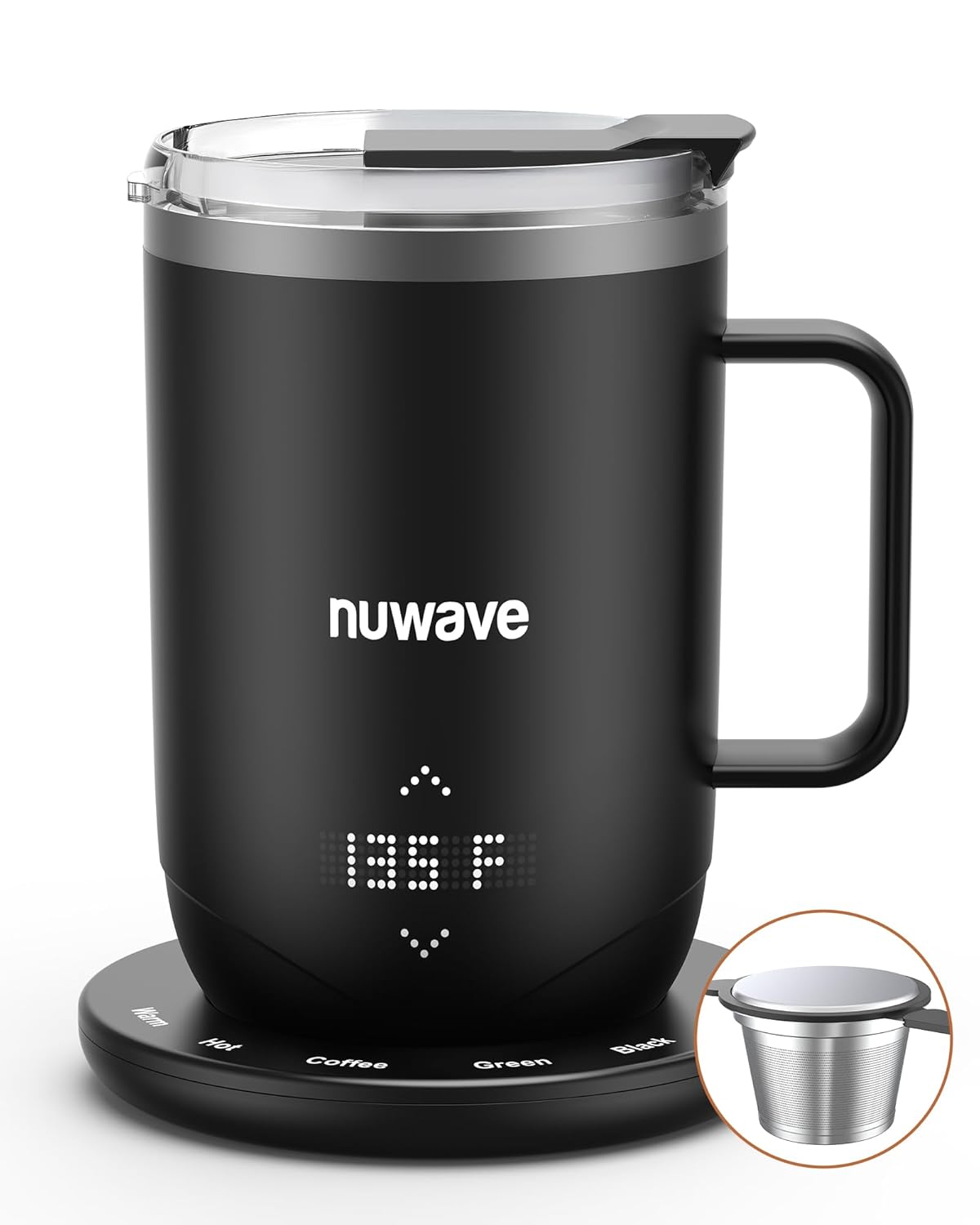 Nuwave Smart Heated Coffee Mug Rechargeable, 16oz Self Heating Temperature Control Mug with LED Display, Custom Brew Modes, Double-Wall Vacuum Insulation, 5-Hour Battery Life, Auto Shut-Off