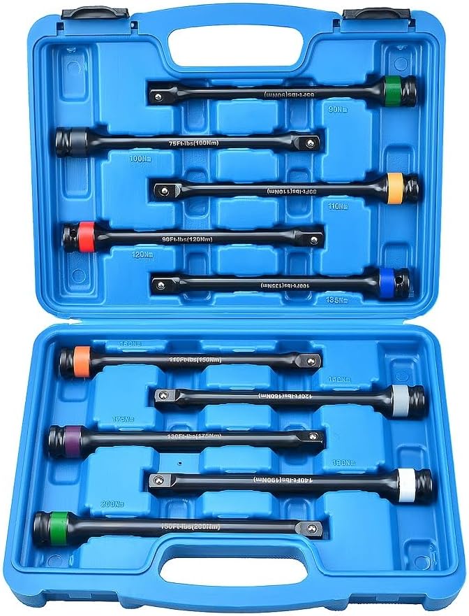 Prokomon 10 Pcs 1/2 inch Impact Torque Limiting Extension Bar Set; Impact Torque Sticks Set; 65-150 Ft-lbs (90-200 Nm)