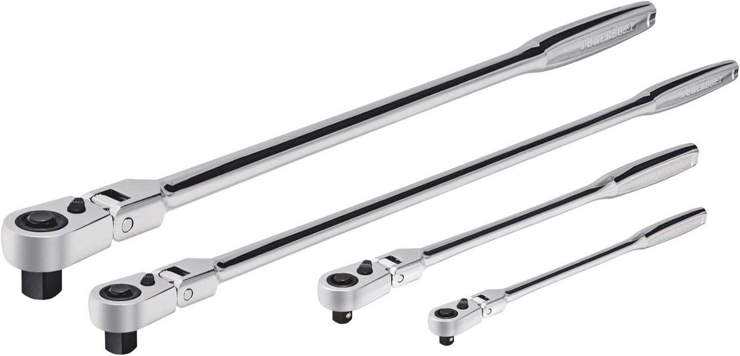 Powerbuilt 4 Piece Pro Tech Long Reach Flex Head Ratchet Set, 72-Tooth, 180° Flex Head, Contoured Grip Handles, 1/4" Dr. x 7", 3/8" Dr. x 9" & 17", 1/2" Dr. x 17" - 240238