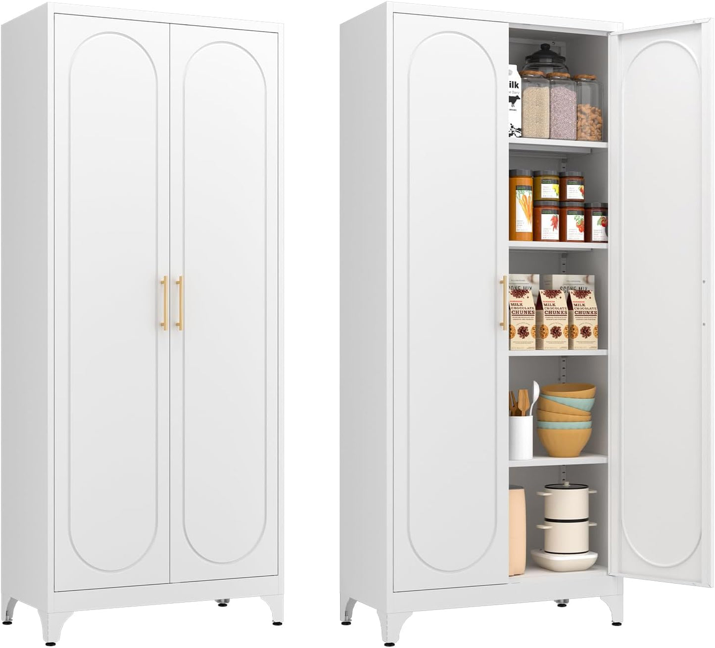 Polup Metal Storage Cabinet with Doors and Shelves, 75 Inch Tall Kitchen Pantry Cabinet, Pantry Cabinets for Kitchen Storage, Freestanding Cupboard for Living, Dining Room, White, Assembly Required