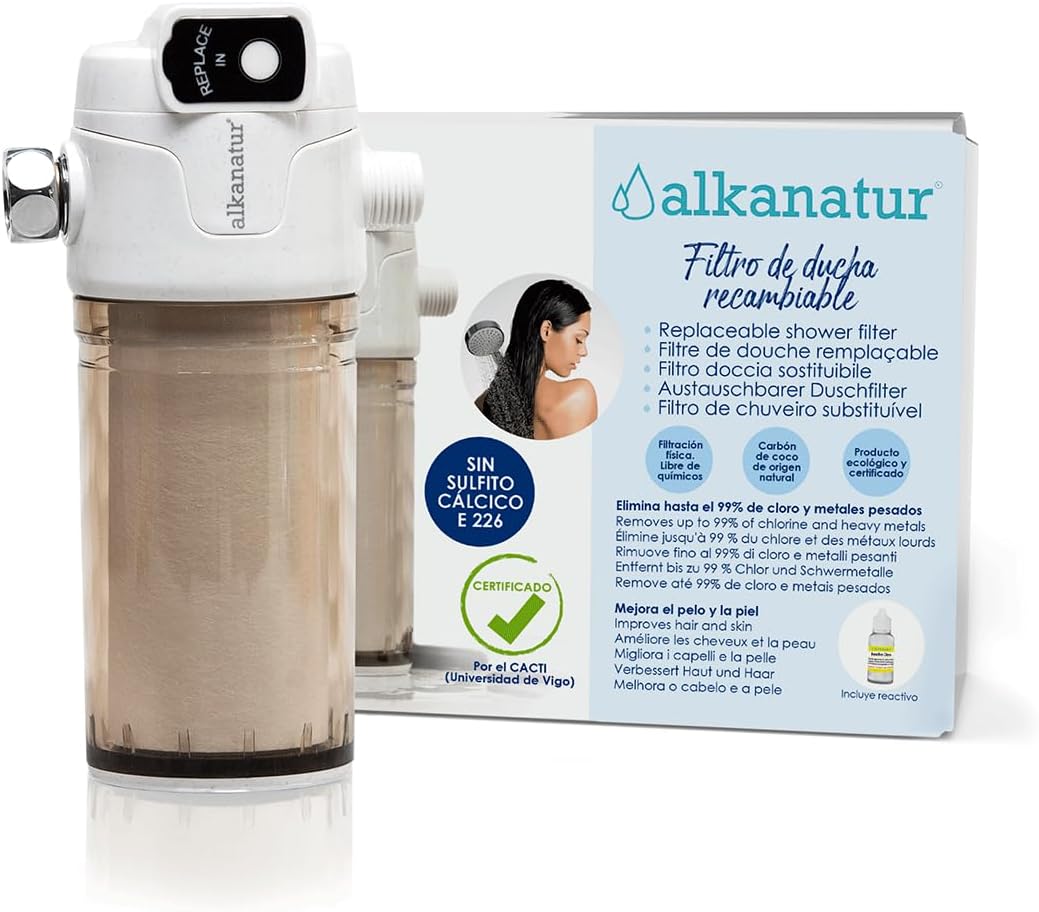 Alkanatur Shower Water Filter With Replacement Filter- Eliminates Chlorine & Other Chemicals From Water - Certified By The Cacti - Best Shower Filter For Hair And Skin - 100% Calcium Sulfite-Free