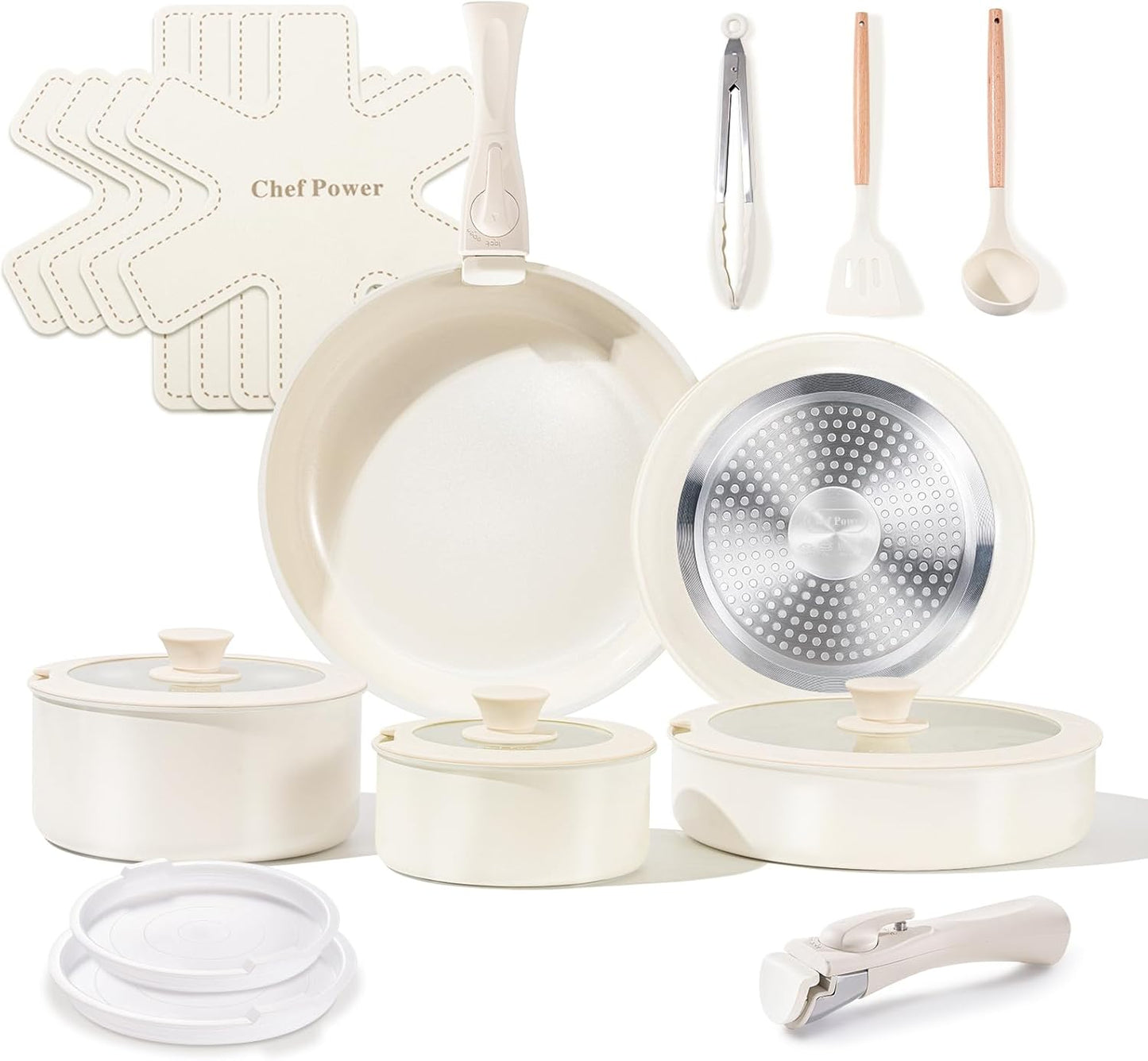 Chef Power Ceramic Cookware Set Non Toxic with Detachable Handles, Healthy Nonstick Pans and Pots Set 19 Pcs, Induction Dishwasher Oven Safe Kitchen Set, PFAS PFOA & PTFE Free, Cream White