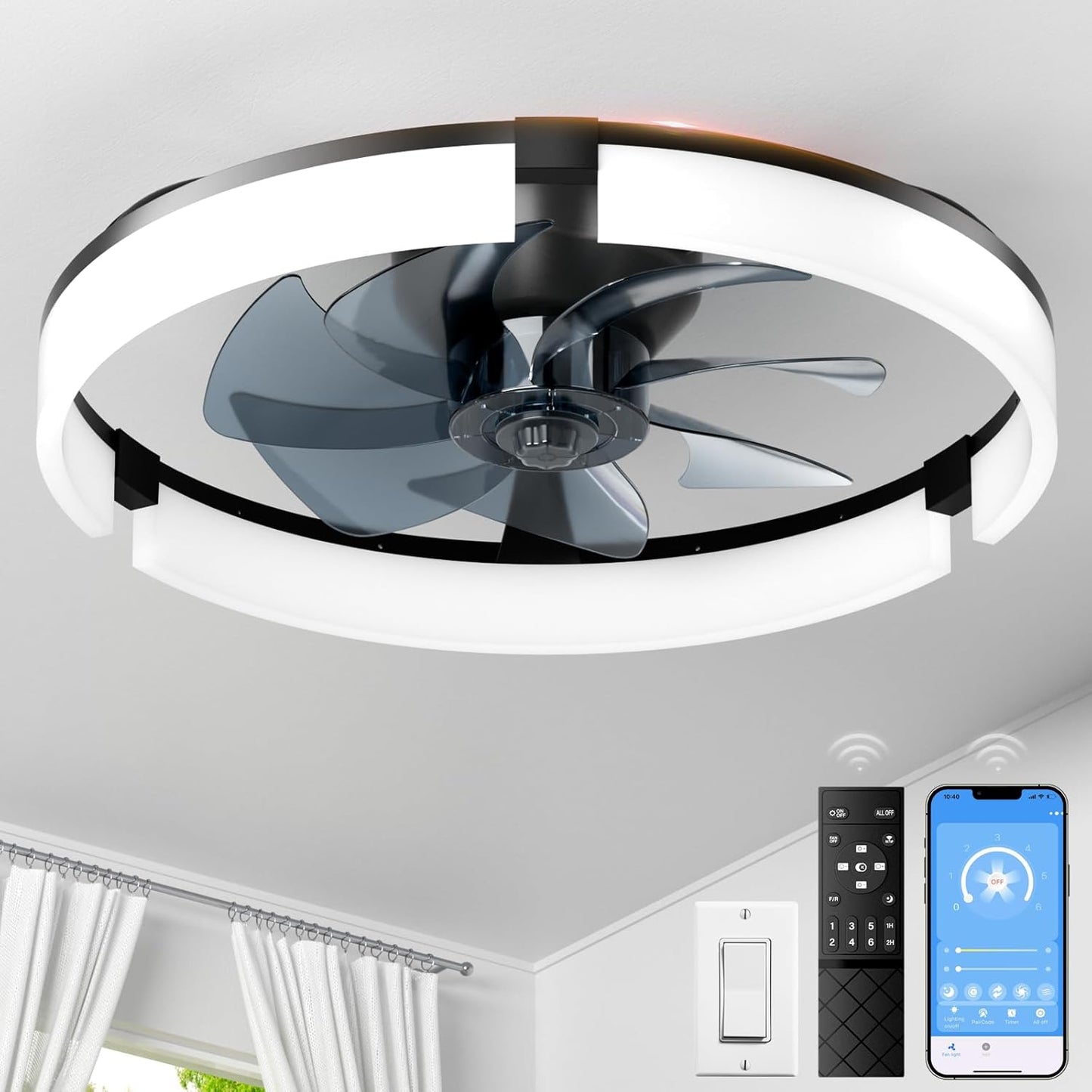 DUSFAN 20" Ceiling Fans with Lights and Remote, 3000K-6500K Dimmable Flush Mount, 6 Speed Quiet Reversible Motor, APP & Remote Control, Low Profile Fandelier for Bedroom, Kitchen, Living Room