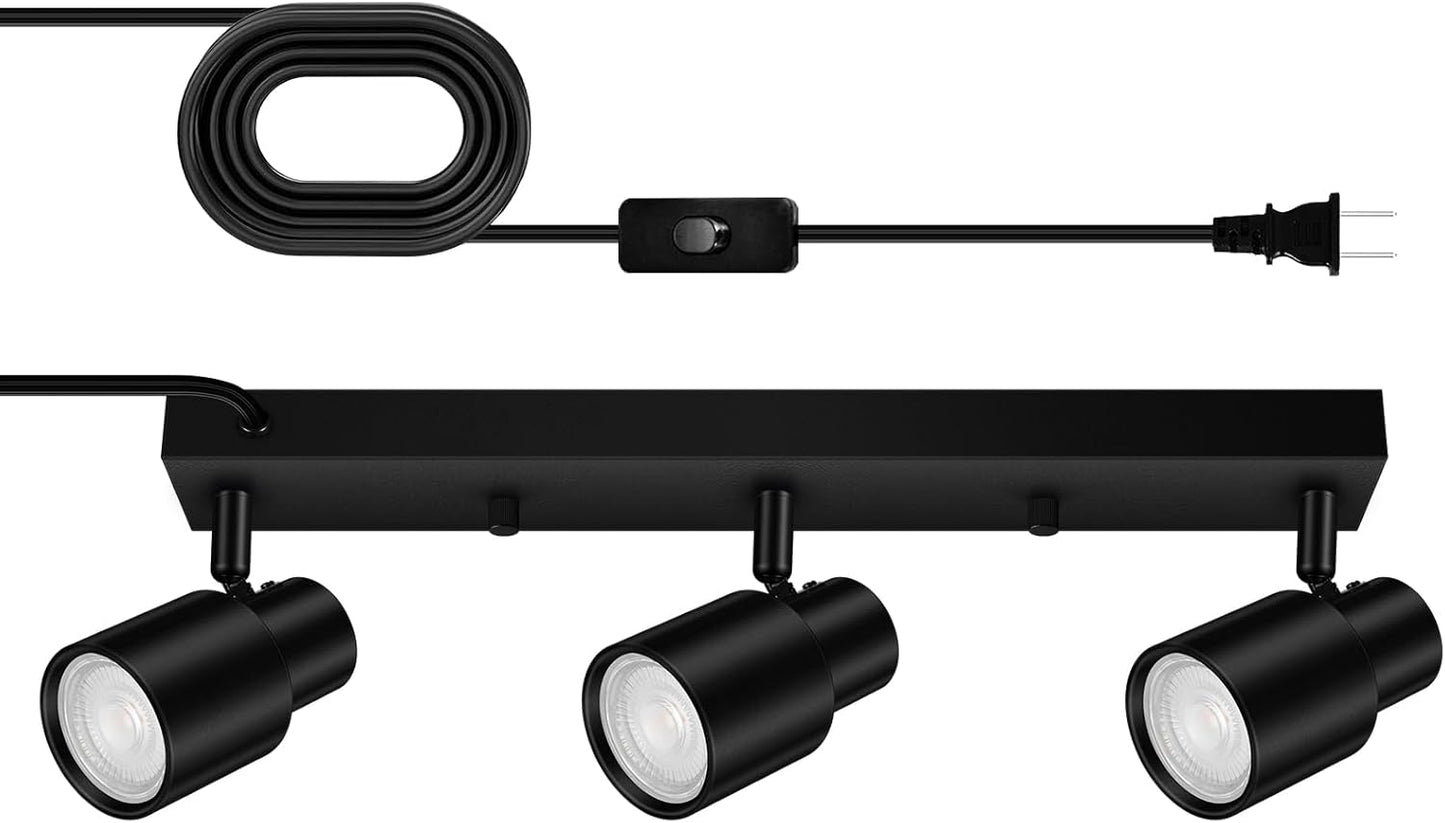 Plug-in Track Lighting LED, Track Light Fixtures Ceiling, Black Plug in Wall Lights with 14.8ft Cord, 3 Way Ceiling Spotlight for Kitchen, Rotatable Light Head for Bedroom Hallway(GU10 Socket,NO Bulb)