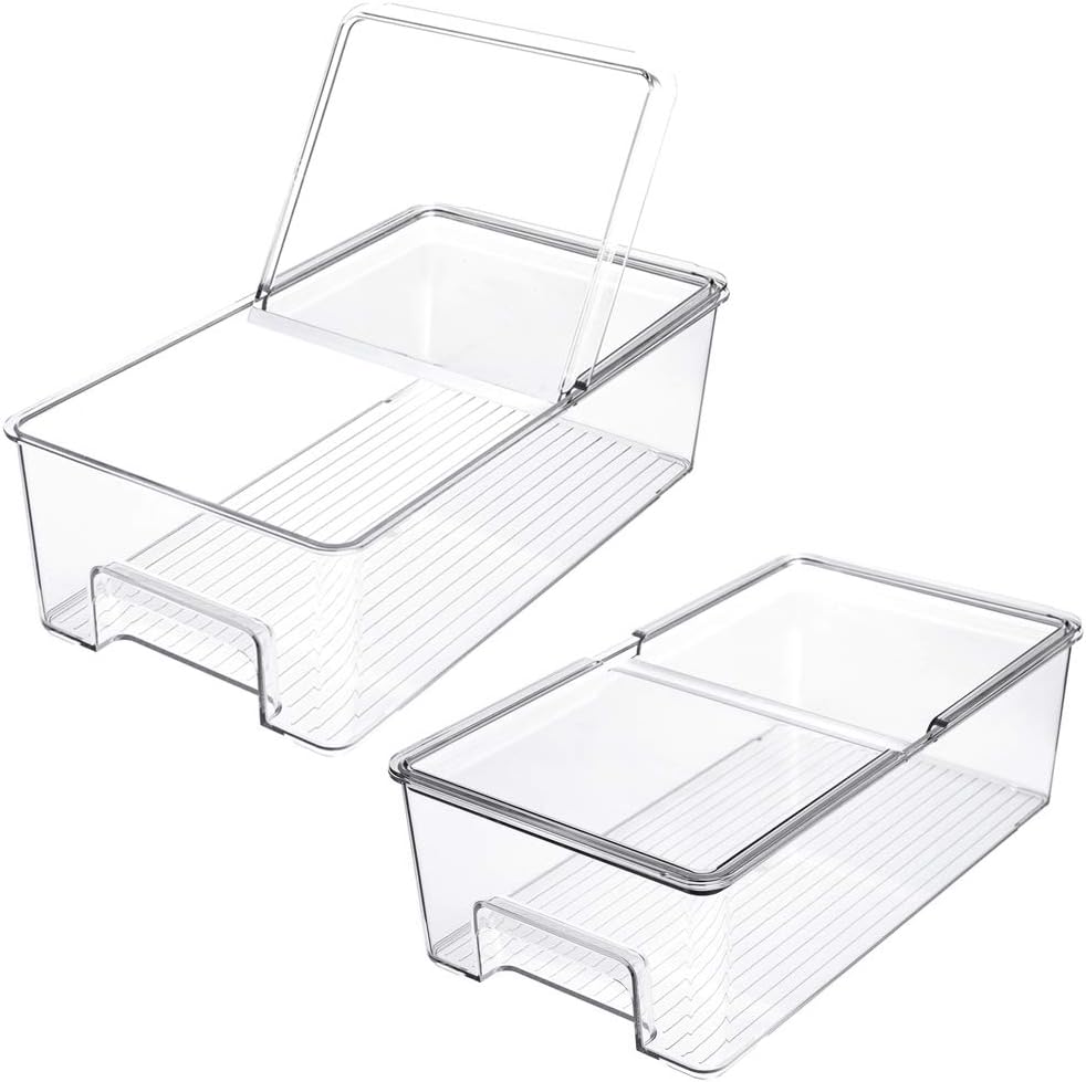 SANNO Vegetable Refrigerator Organizer Food Bins with lids Large Stackable Fridge Clear Organizers Kitchen Cabinet Organizer for Freezer, Kitchen, Countertops, Cabinets Pantry Storage Bins,set of 2