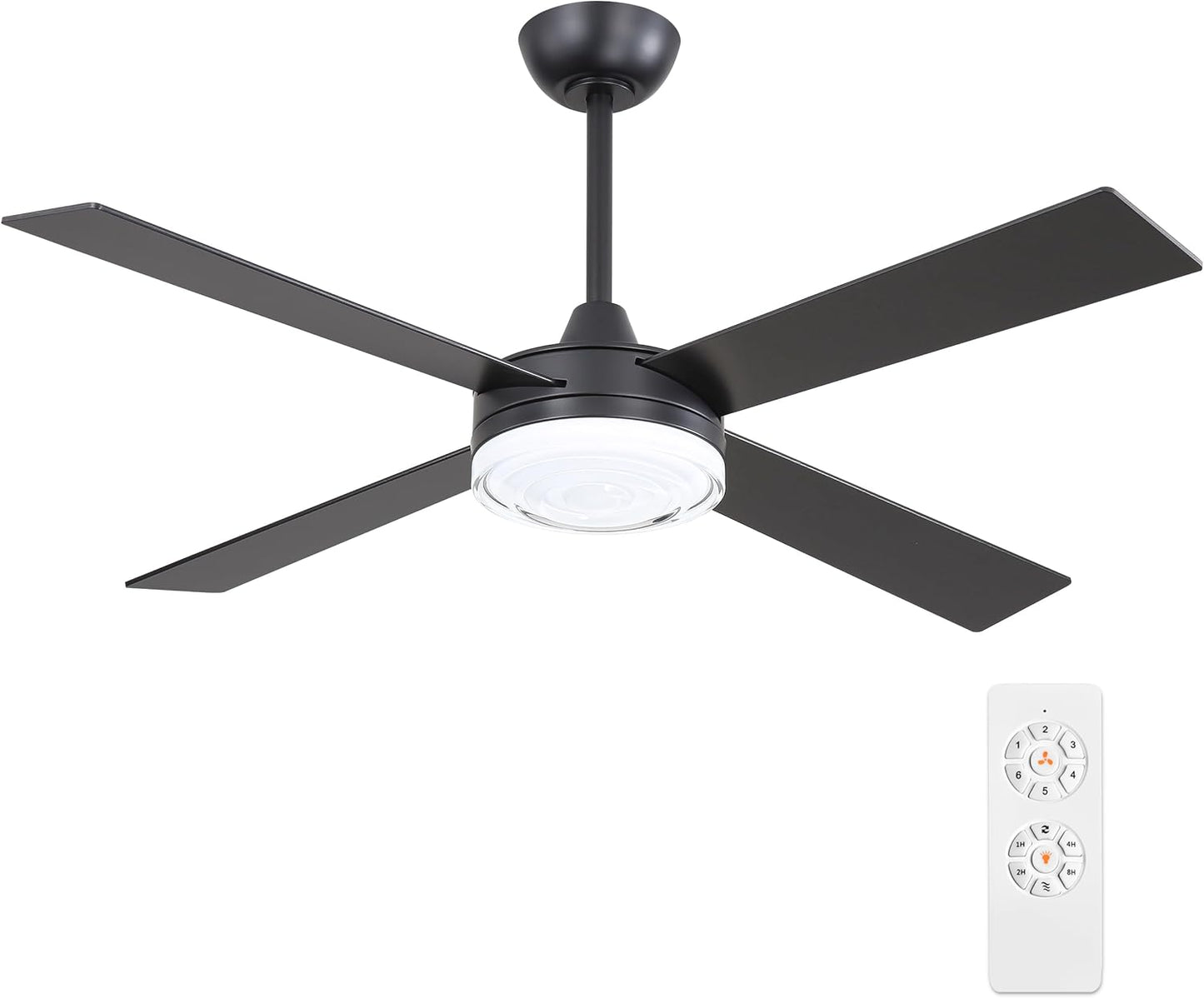 WINGBO 52 Inch Ceiling Fan with Lights and Remote, 3CCT, Modern Ceiling Fan with Ripple Glass Shade, 6-Speed Reversible DC Motor for Bedroom Living Room Kitchen Hallway, Matte Black