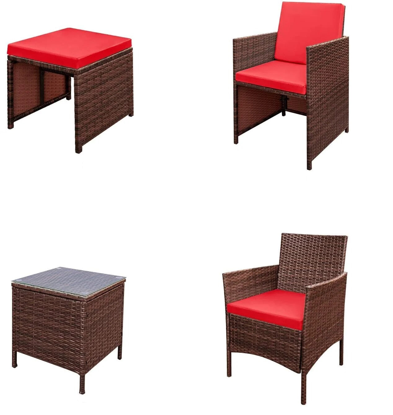 Vineego 5-Piece Wicker Patio Conversation Set with Red Cushions