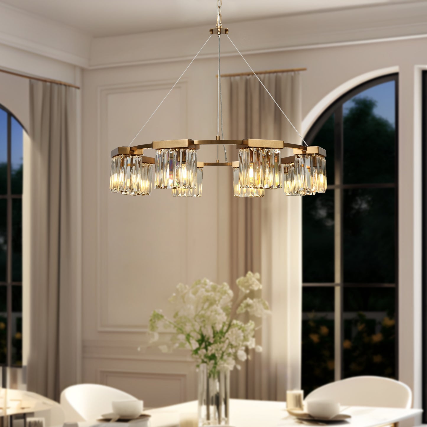 LNC Labradorite 8 -Light Satin Gold Modern/contemporary Crystal For Use in Bedrooms, Dining Rooms, Foyers, Kitchens, Living Rooms Chandelier