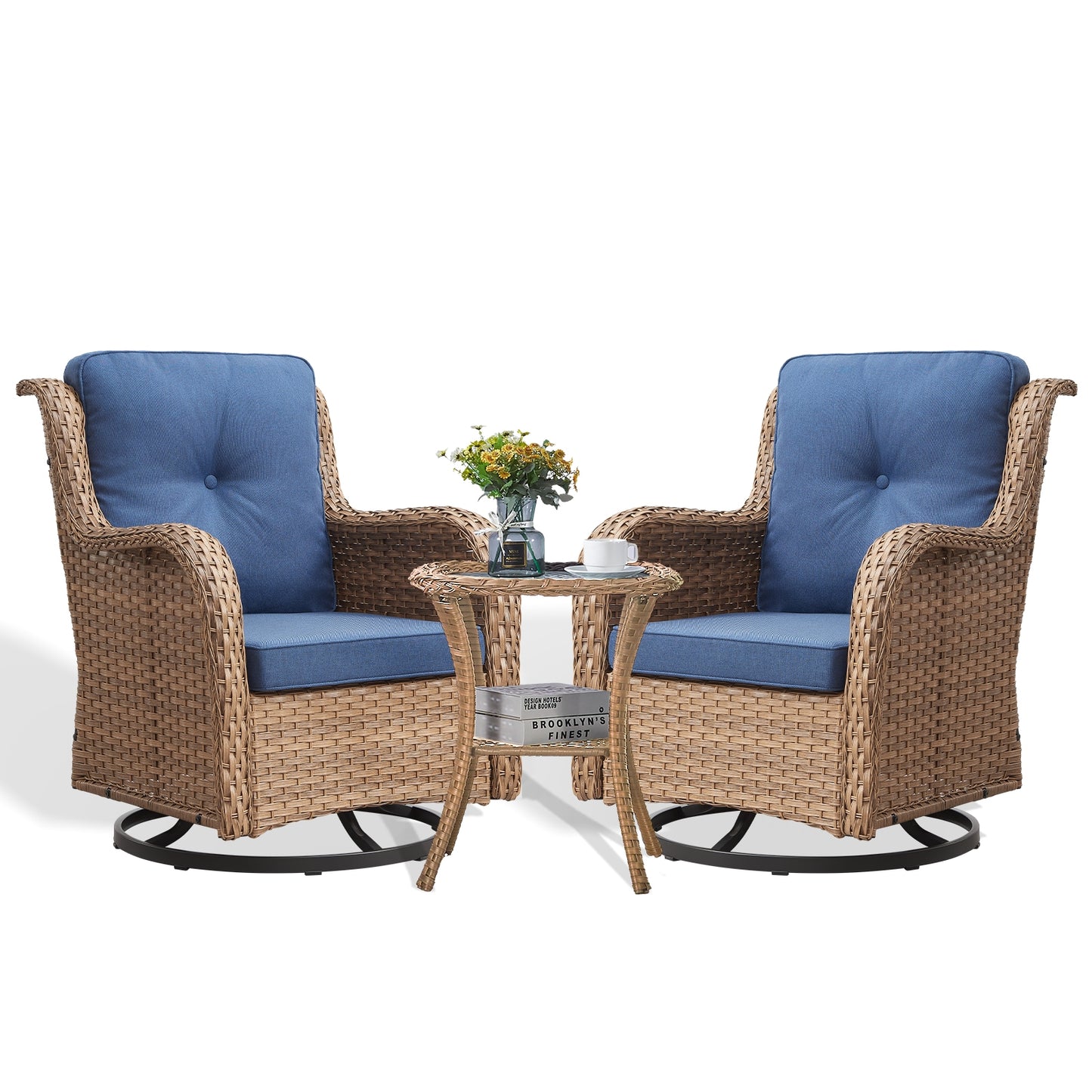 Rilyson Curved handrail Set of 2 Wicker Yellow Wicker Frame Swivel glider Conversation Chair with Blue Blue Cushioned Seat