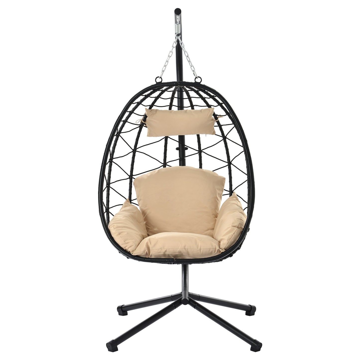CESICIA Patio Chairs Rattan Beige Rattan Frame Hanging Egg Chair with Off-white Cushioned Seat