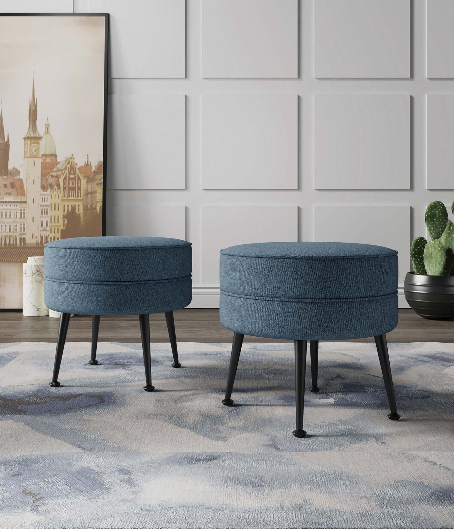 Manhattan Comfort Midcentury Blue/Black Round Ottoman