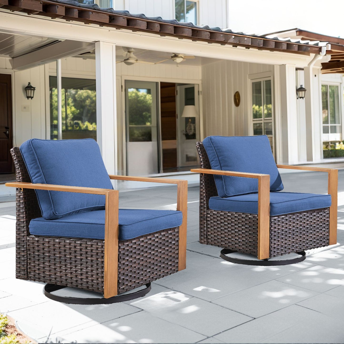 Jeehope PACHAIRS-T Set of 2 Wicker Brown Steel Frame Swivel glider Conversation Chair with Navy Cushioned Seat