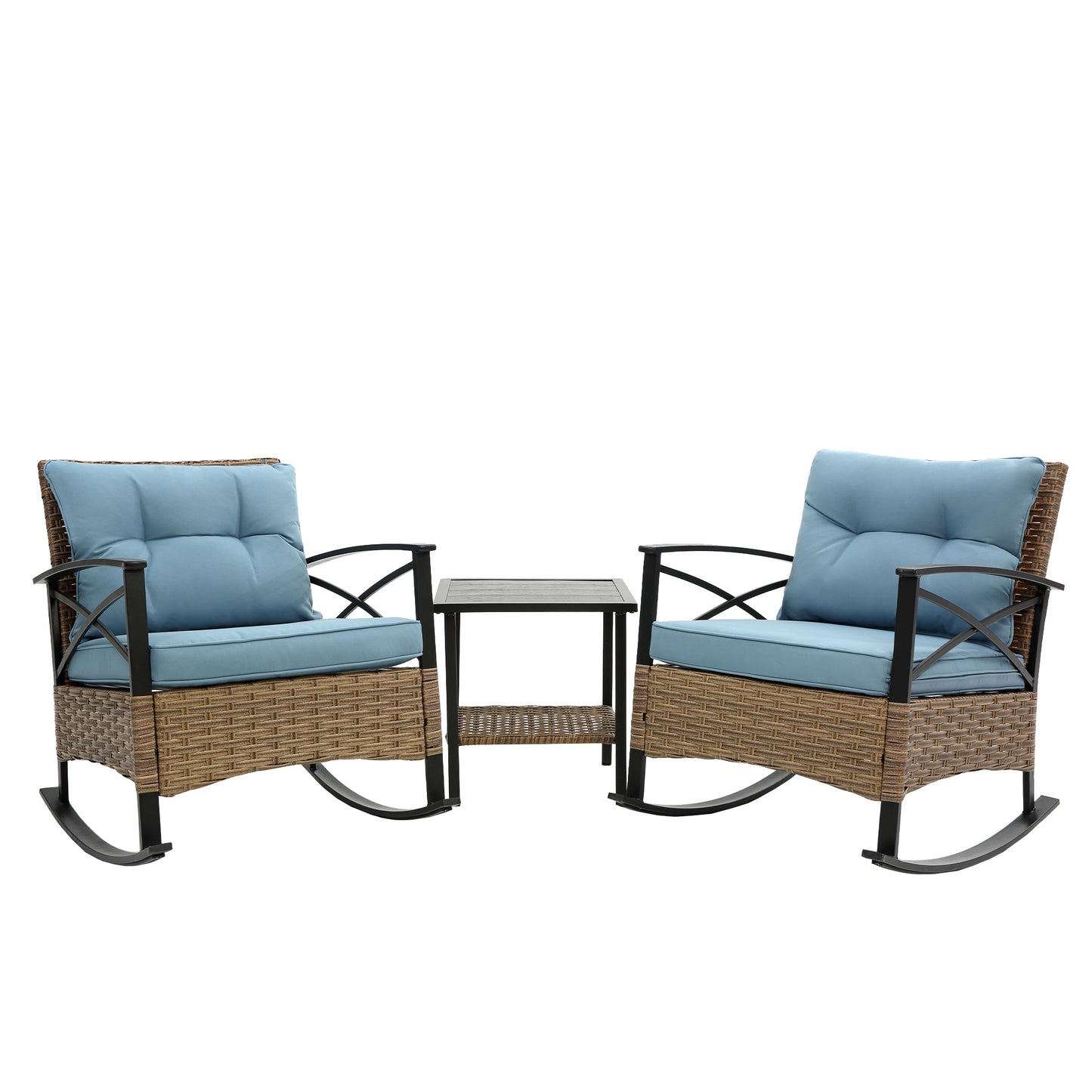 AAZJ Patio Chairs Set of 2 Rattan Black Steel Frame Rocking Chair with Blue Cushioned Seat