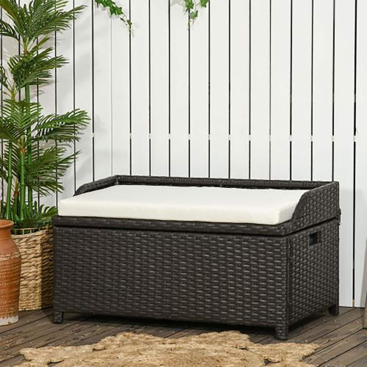 GZMR Wicker Storage Bench Deck Box 100-Gallon Cream White Metal Deck Box