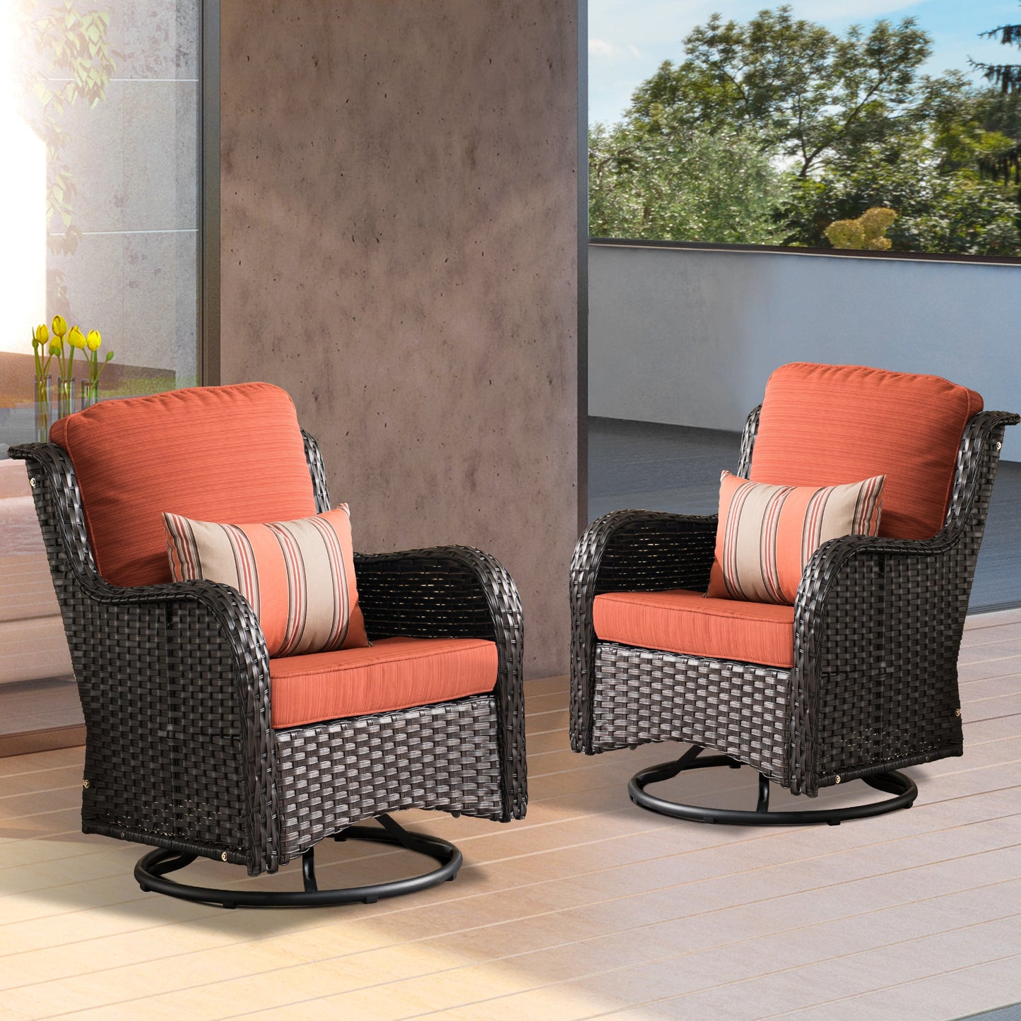 XIZZI Vesta Set of 2 Rattan Brown PE Rattan Rattan Frame Swivel rocker Rocking Chair with Orange Cushioned Seat