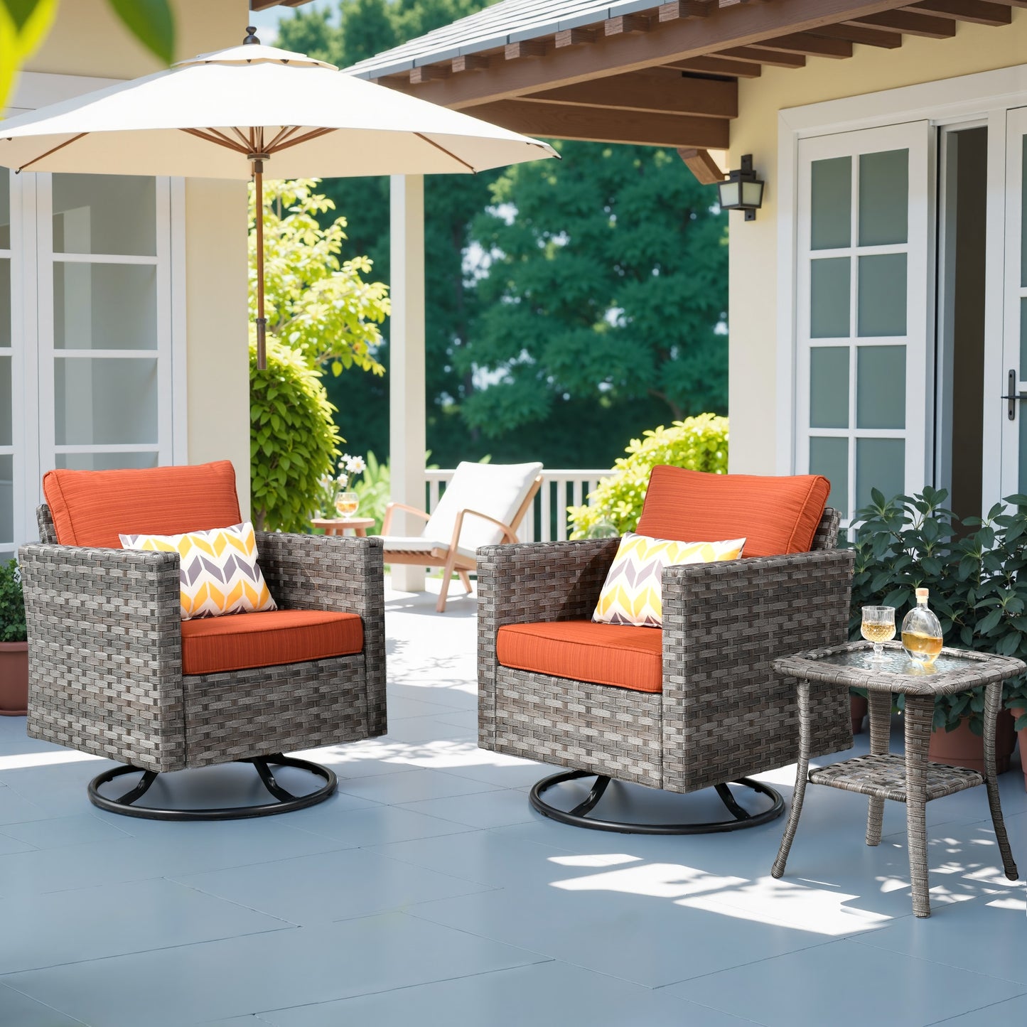 Pouuin 3 -Piece Rattan Patio Conversation Set with Red Cushions