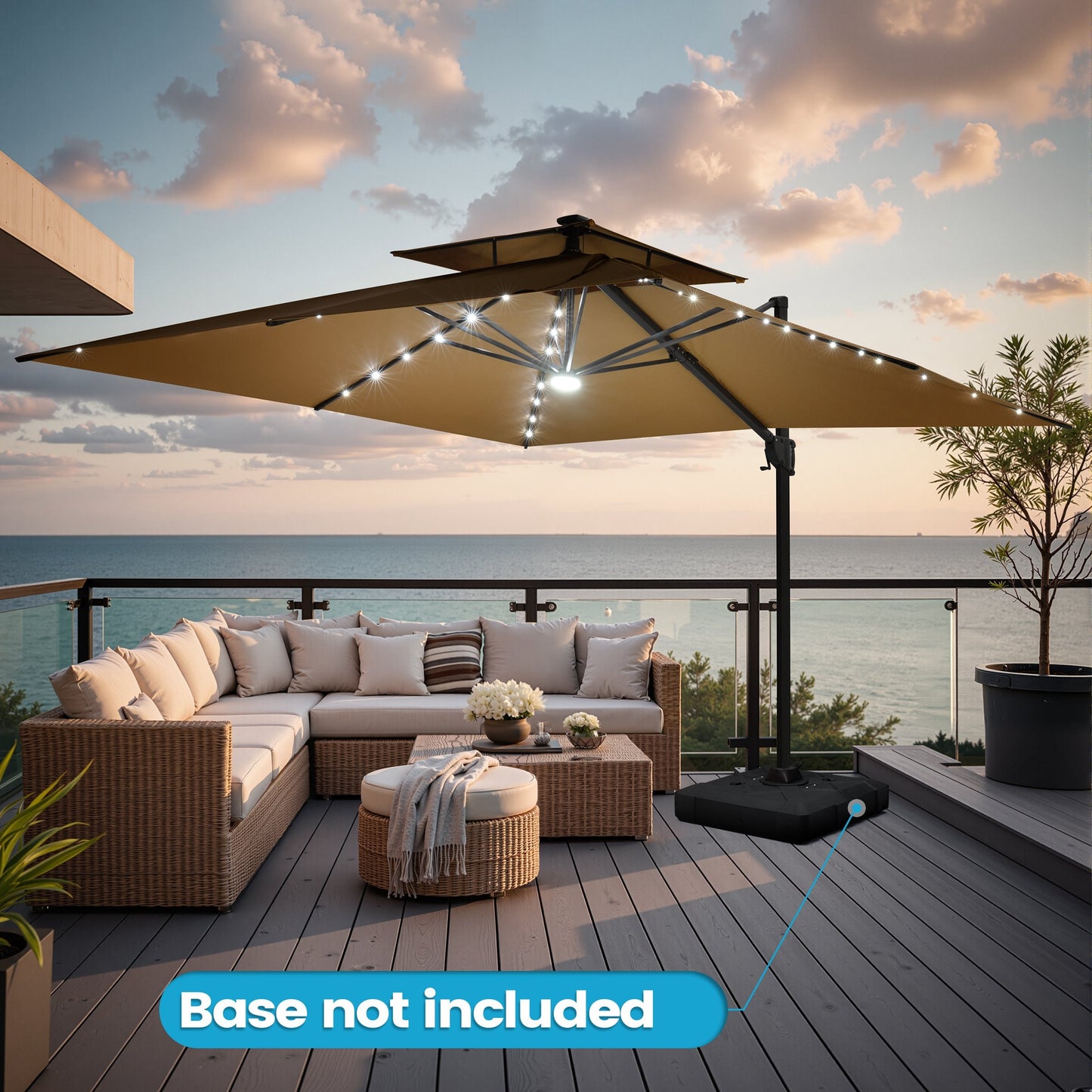 Crestlive Products 11-ft Aluminum Brown Crank Cantilever Patio Umbrella with Lights