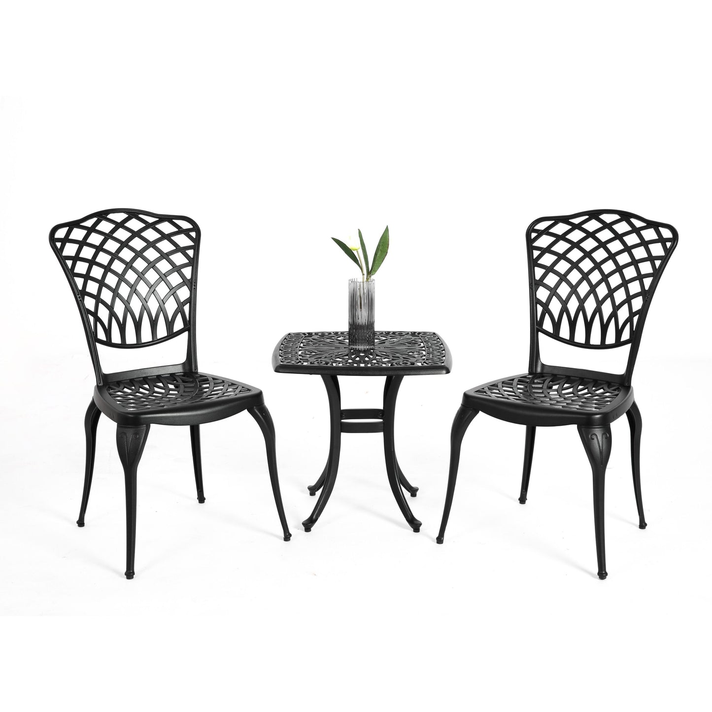 Bayfeve 3 Piece Cast Aluminum Patio Bistro Sets 3 -Piece Black Bistro Patio Dining Set Aluminum Square Table with 2 Stationary Chairs