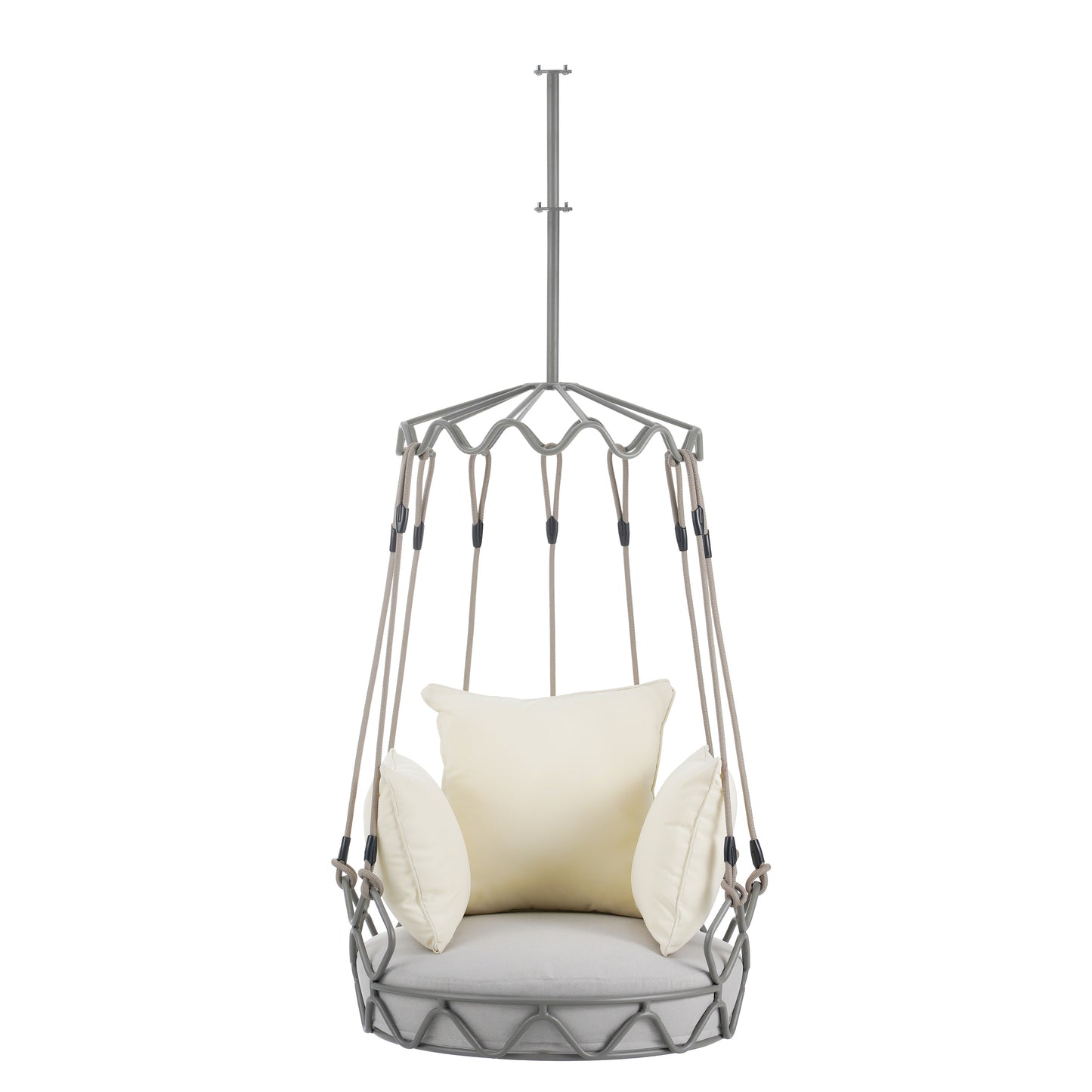 Damerin Patio Chairs Beige Iron Frame Hanging Conversation Chair with Beige Cushioned Seat