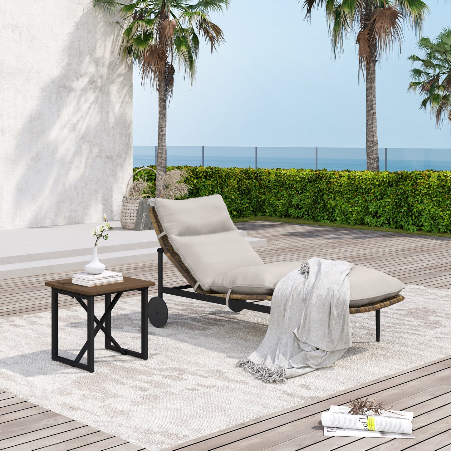 EGEIROS LIFE Rattan Black Aluminum Frame Stationary Chaise Lounge Chair with Beige Cushioned Seat