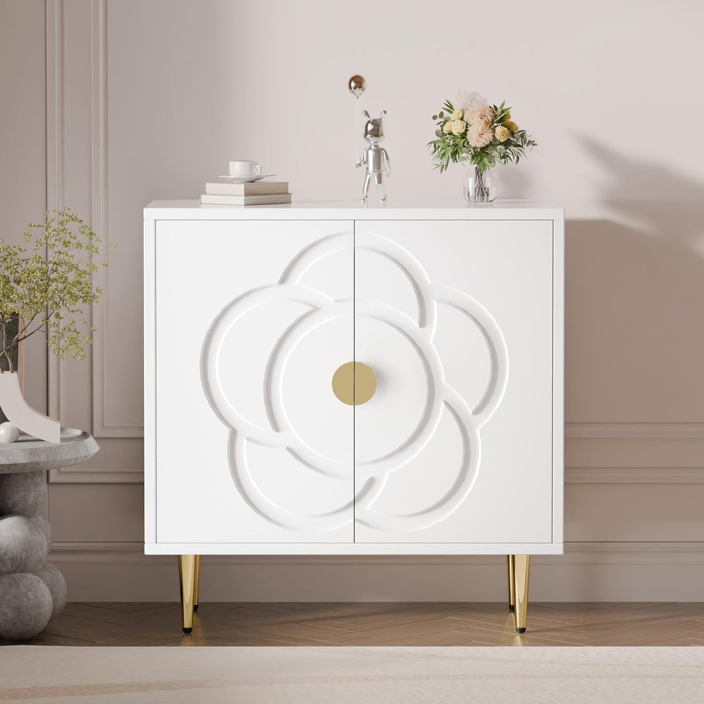 TOLEAD Storage Cabinet, Modern Cabinet with Decorative Flower Pattern Doors, Accent Sideboard Buffet Cabinet for Hallway, Living Room, Kitchen, White