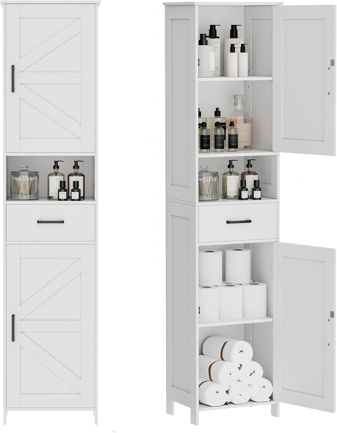 Homhedy 67" H Tall Bathroom Storage Cabinet with 2 Barn Doors and 1 Drawer, Narrow Storage Unit, Adjustable Shelves, Floor Cabinet for Bathroom, Living Room, Entryway, Kitchen, White, (15.7" W)