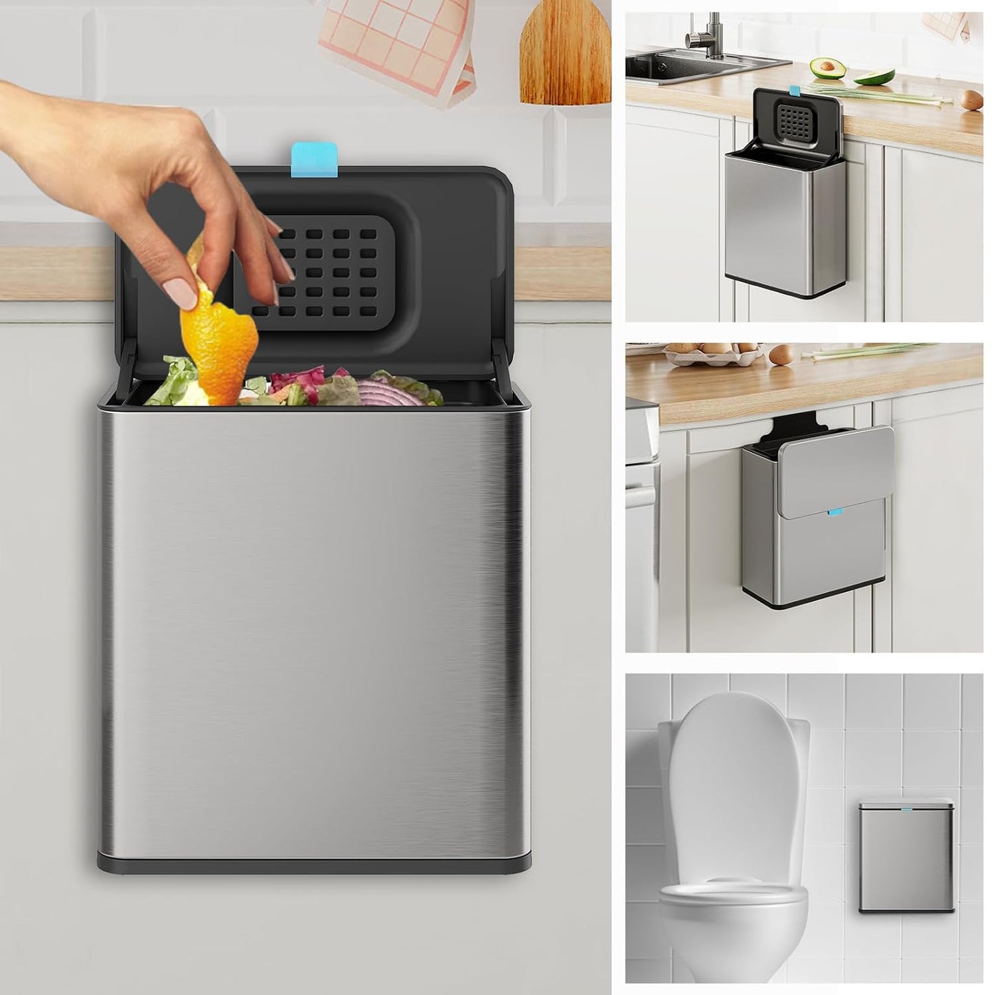 LINSSEN Stainless Steel Hanging Trash Can with Lid and Inner Bucket, 2 Gallon Kitchen Compost Bin for Counter Top, Under Sink or Wall Mount, Small Garbage Can for Cupboard\/Bathroom\/Bedroom\/RV