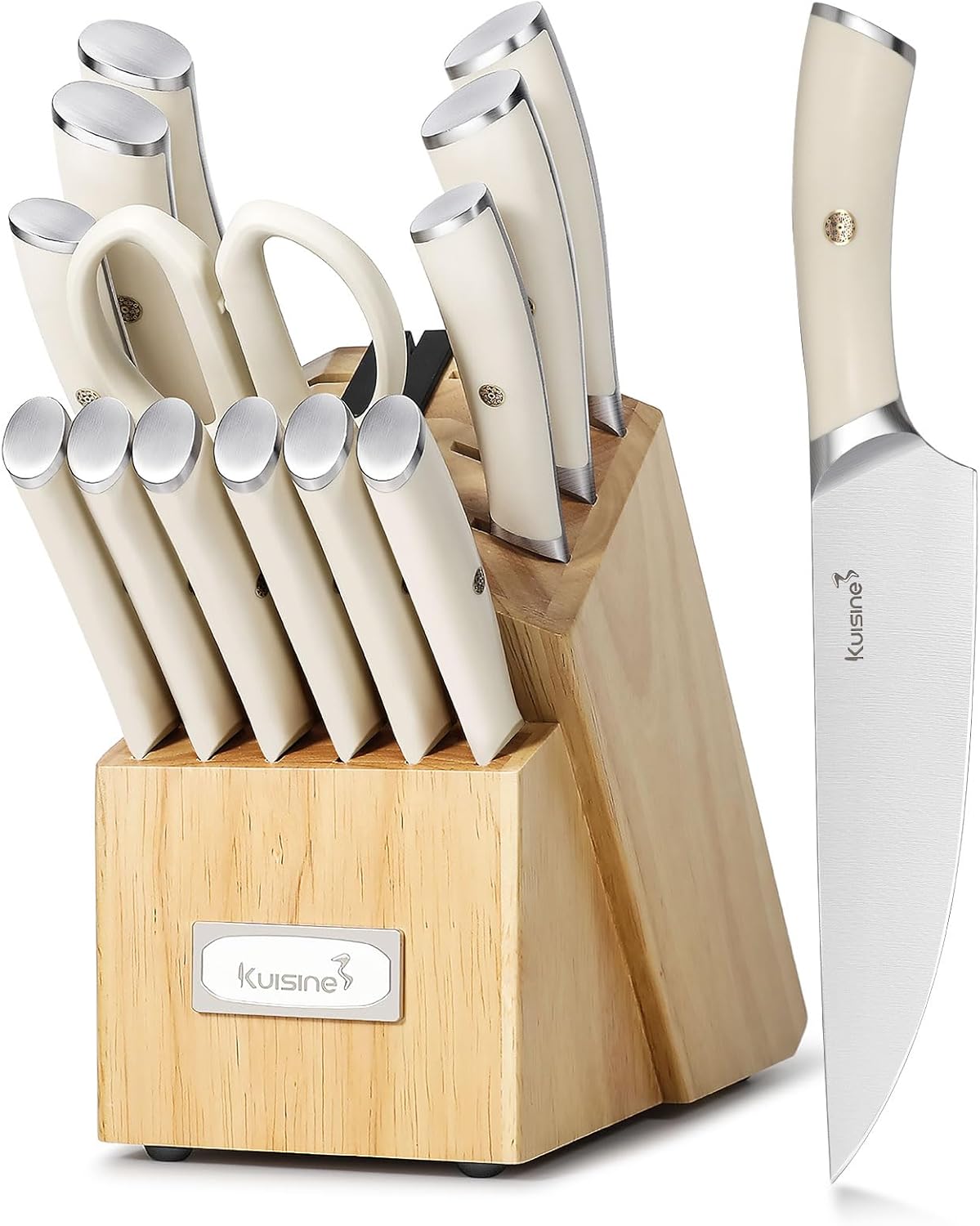 Kuisine Chef Knife Set,High Carbon Stainless Steel Block Knife Set,Knife Block Set with Built-in Sharpener,Sharp Knife Set Forged,Elegant Gift(Ivory,15pcs)