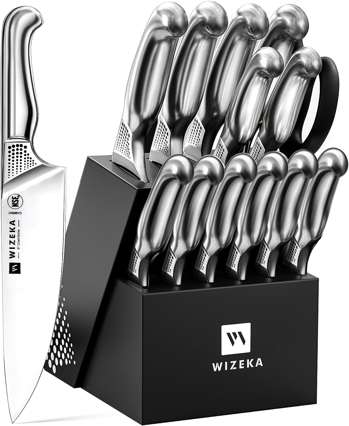 Kitchen Knife Set with Block: 15PCS German Stainless Steel Knife Block Set,One-Piece Design Knives Set for Kitchen, Professional Knife Set with Built-in Sharpener,Starry Sky Series