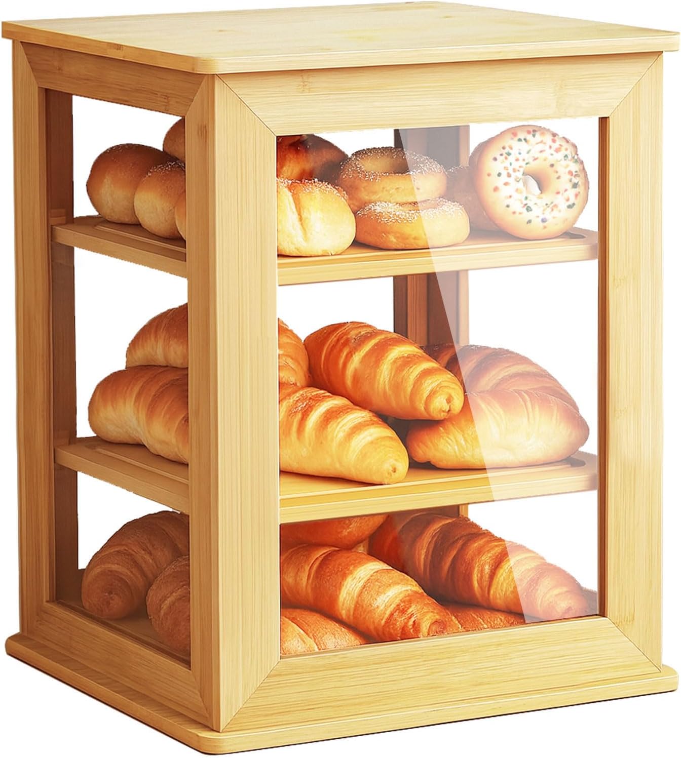 Bread Box,Pastry Display Case,Bread Holder for Kitchen Counter, Wooden Large Capacity Bread Storage Bin Breadbox Organizer for Kitchen Counter Corner(Raw wood)