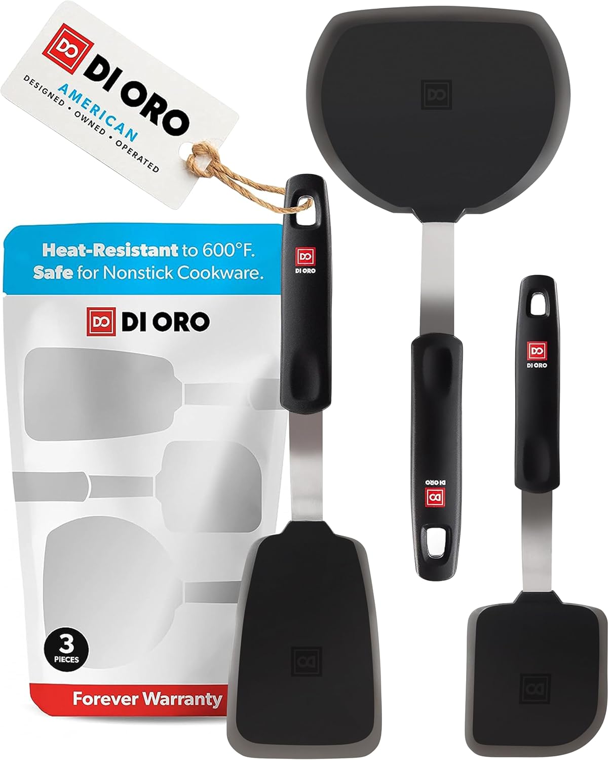 DI ORO Spatulas for Kitchen Use - Forever Warranty - 600°F Heat-Resistant Silicone - Turner Spatula Set for Cooking - BPA Free Wide Pancake Spatulas - Egg Flippers for Nonstick Cookware Safe (3pc)