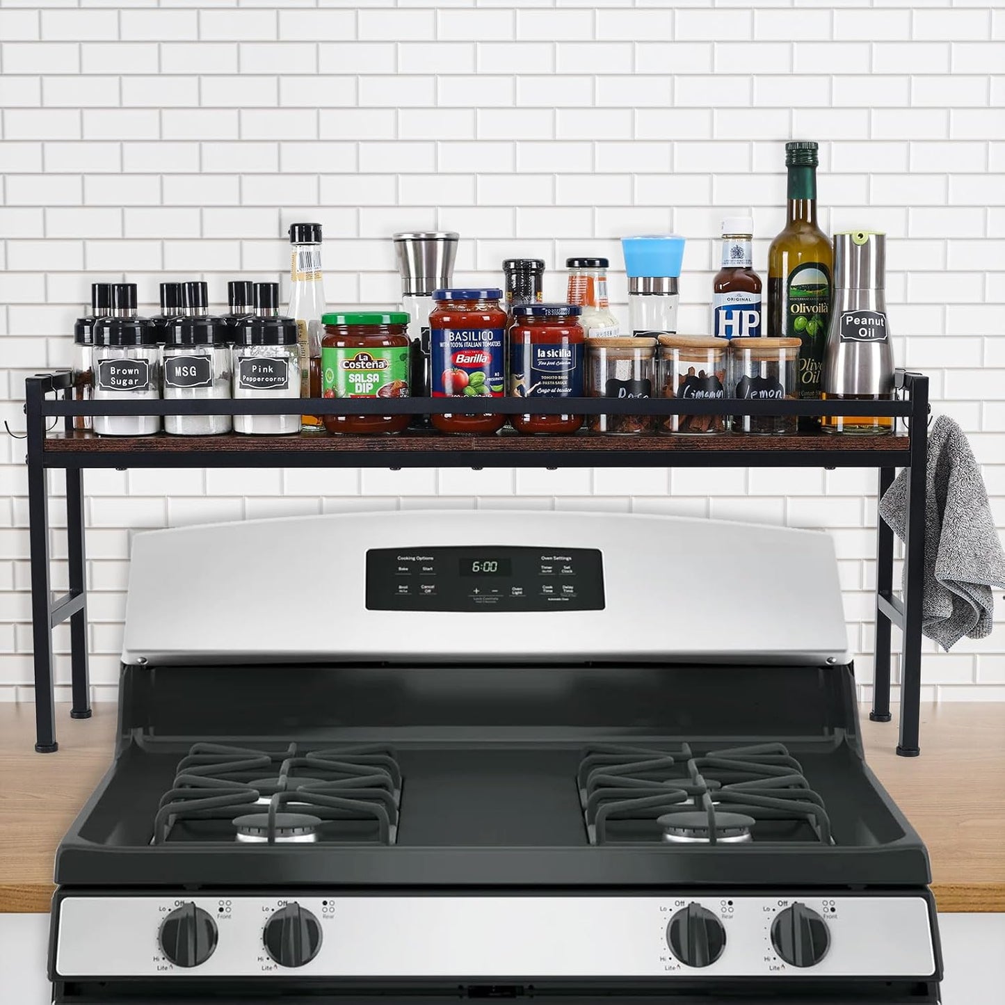Spice Rack Shelf for Kitchen Stove,Stove Top Shelf with 4 hooks Extra Storage Countertop, Seasoning Organizer,Kitchen Organizers and Storage