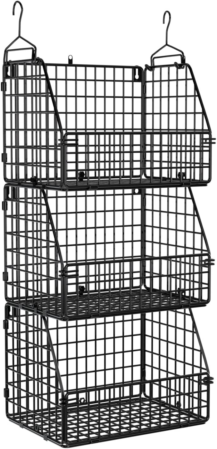 PUPPYCUTE Stackable Wire Storage Baskets for Kitchen Closet Pantry, Hanging Closet Organizers Storage Shelves Organization, Wall Mount Metal Basket Bins, Clothing Vegetable & Fruit Organizer 3 pcs