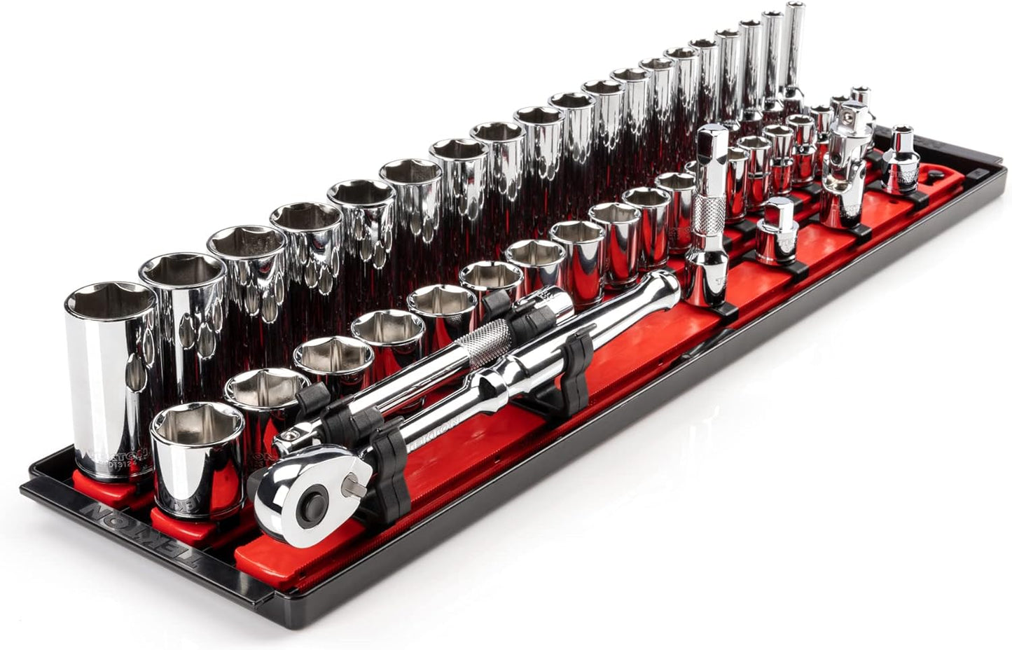 TEKTON 3/8 Inch Drive 6-Point Socket and Ratchet Set with Rails and Tray, 44-Piece (6-24 mm) | SKT13201