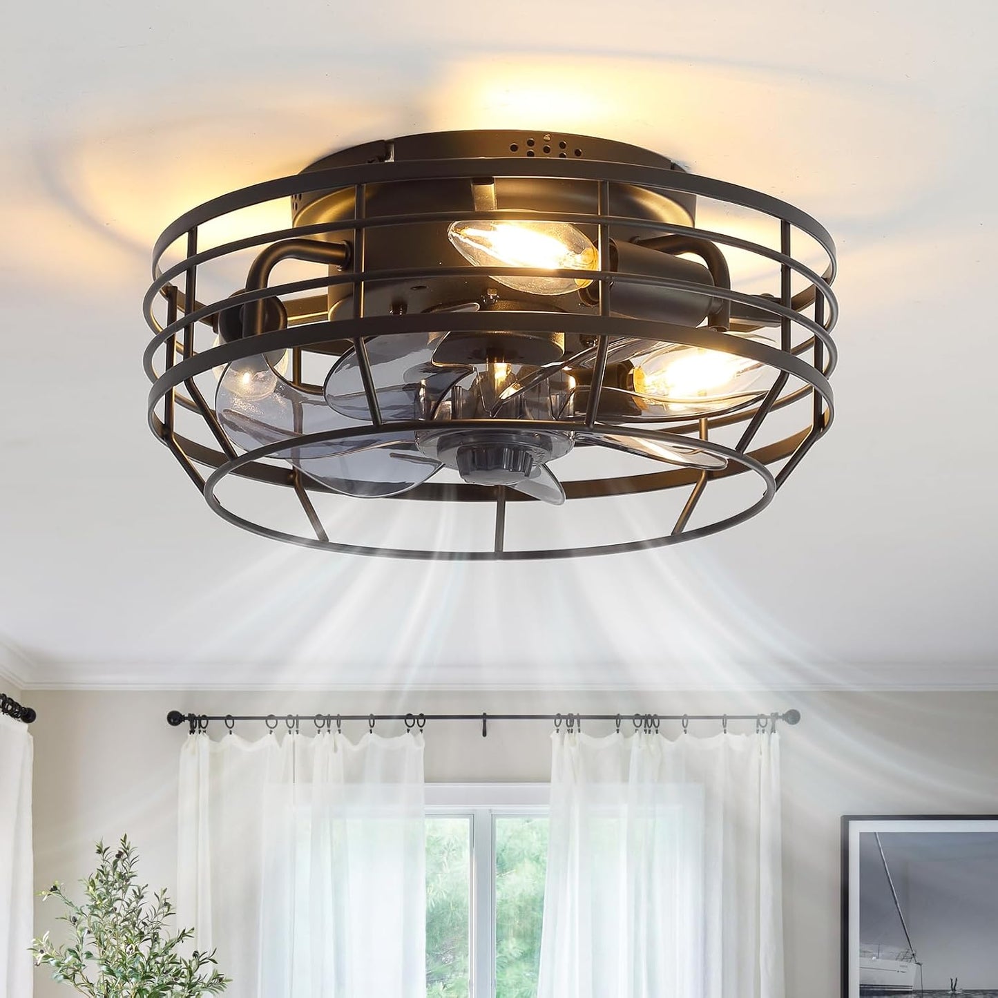 Youroke Farmhouse Caged Ceiling Fan with Light, Bladeless Flush Mount Fan Lights Ceiling Fixtures with Remote, 12 in 6 Speeds Indooor Lights for Kitchen, Living Room, Bedroom, Black