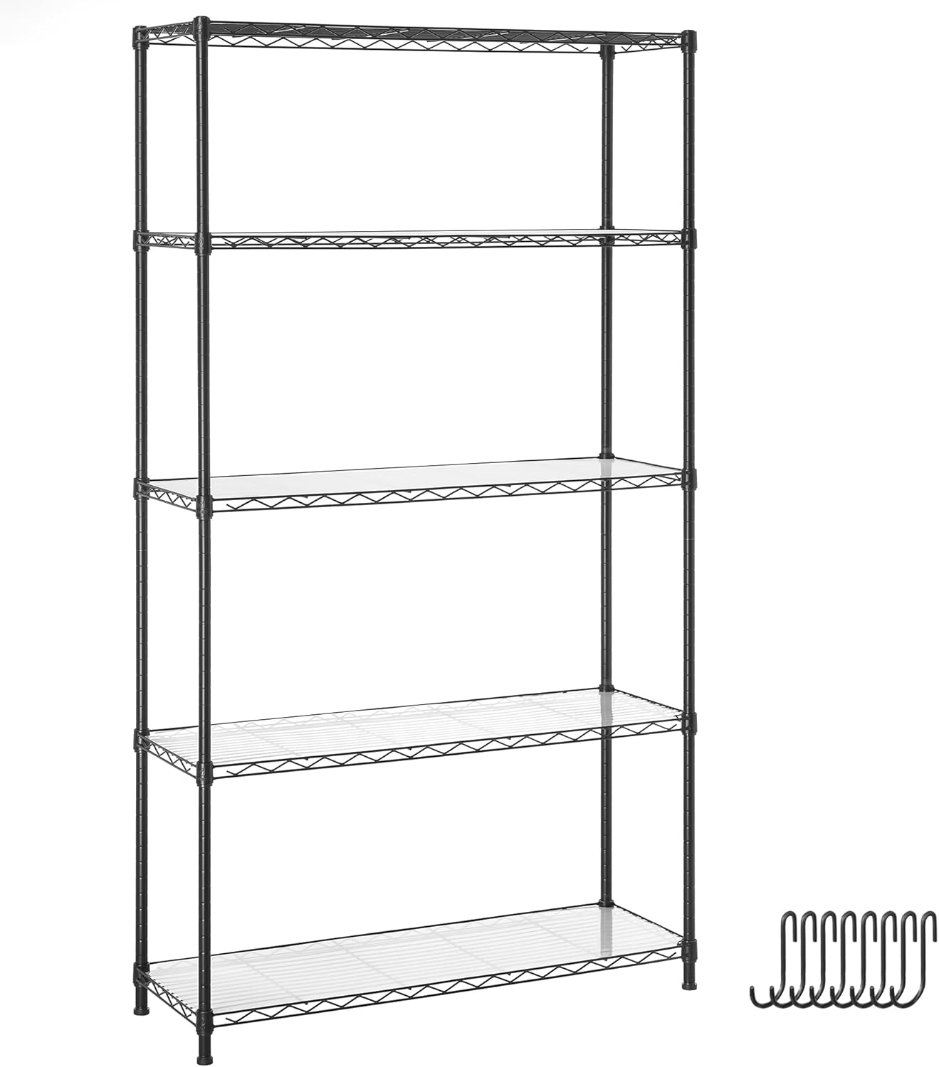 SONGMICS 5-Tier Storage Unit, Wire Shelving, Kitchen Metal Rack With Adjustable Shelves, Shelf Liners, 8 Hooks, for Garage, 11.8 x 35.4 x 63 Inches, Black ULGR095B01