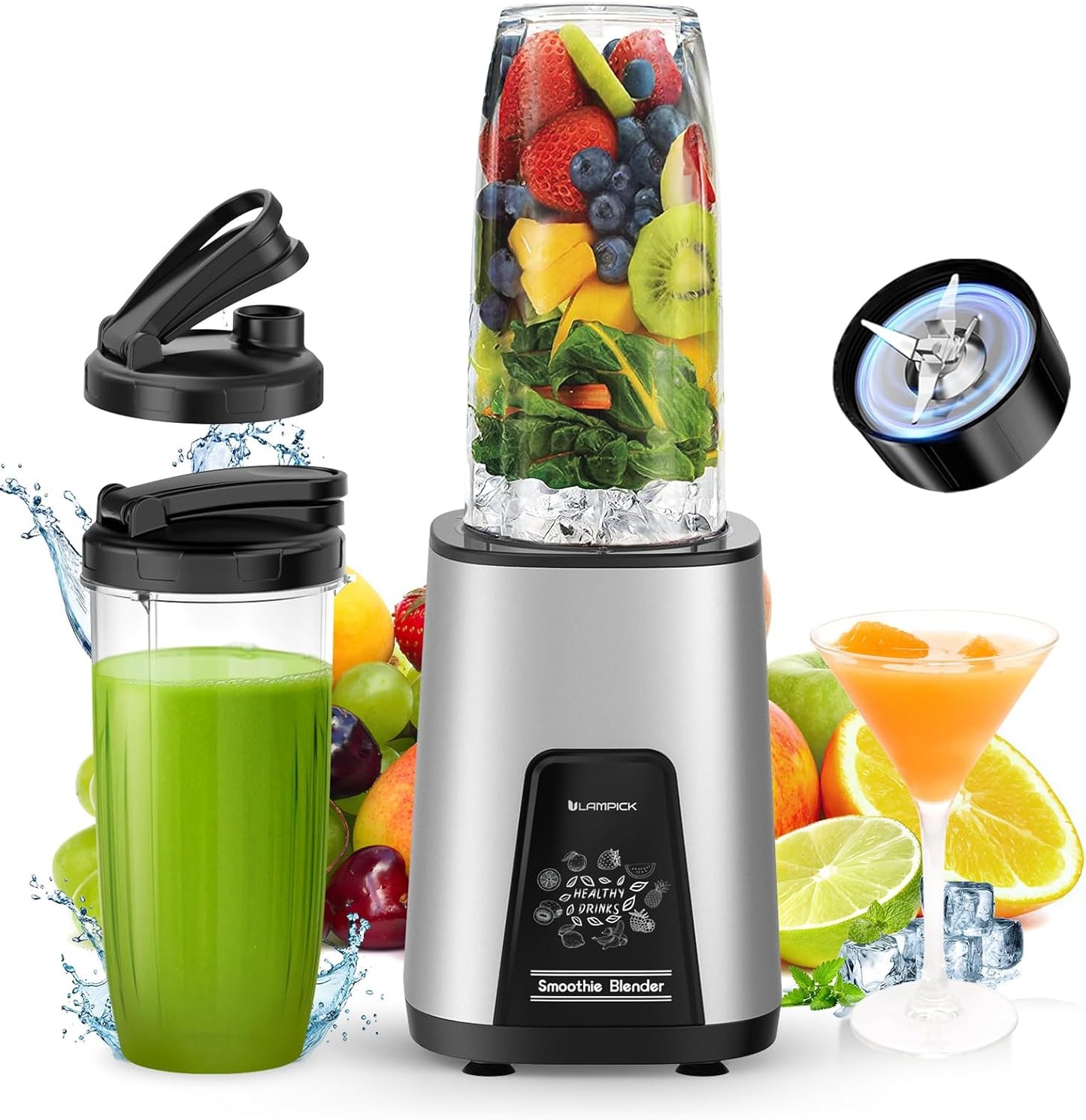 Lampick Blender for Smoothie, 900W Personal Blender for Shakes and Smoothies with 2 * 22oz BPA Free Portable Cups, Small Juicer for Protein Shake, Baby Food, Frozen Drink