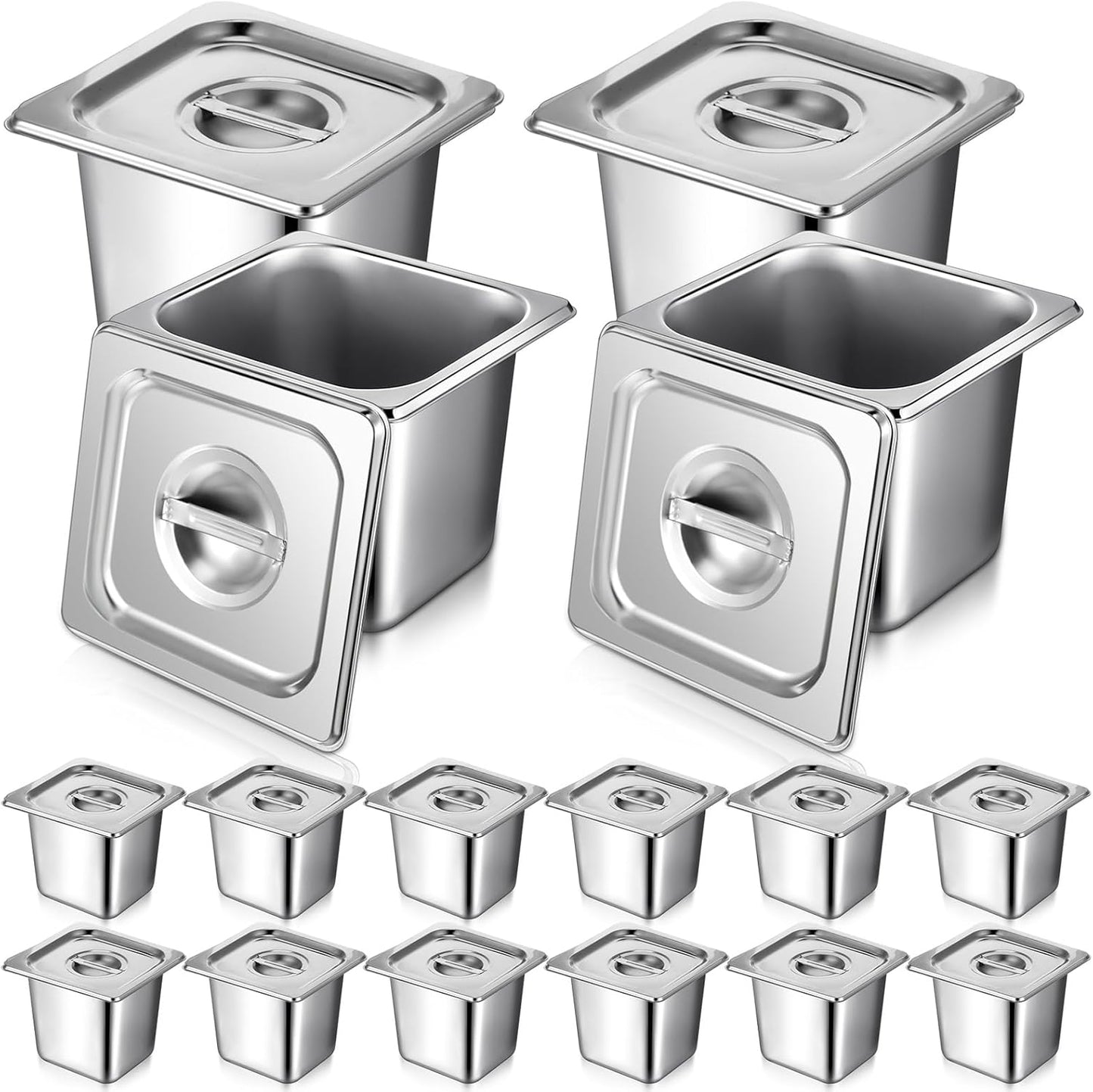 Rtteri 16 Pack 1\/6 Stainless Steel Pans with Lid and 2 Tongs, 4 Spoons 6 Inch Deep Hotel Pans Catering Food Storage Containers for Commercial Steam Table Hotel Restaurant Buffet Supplies